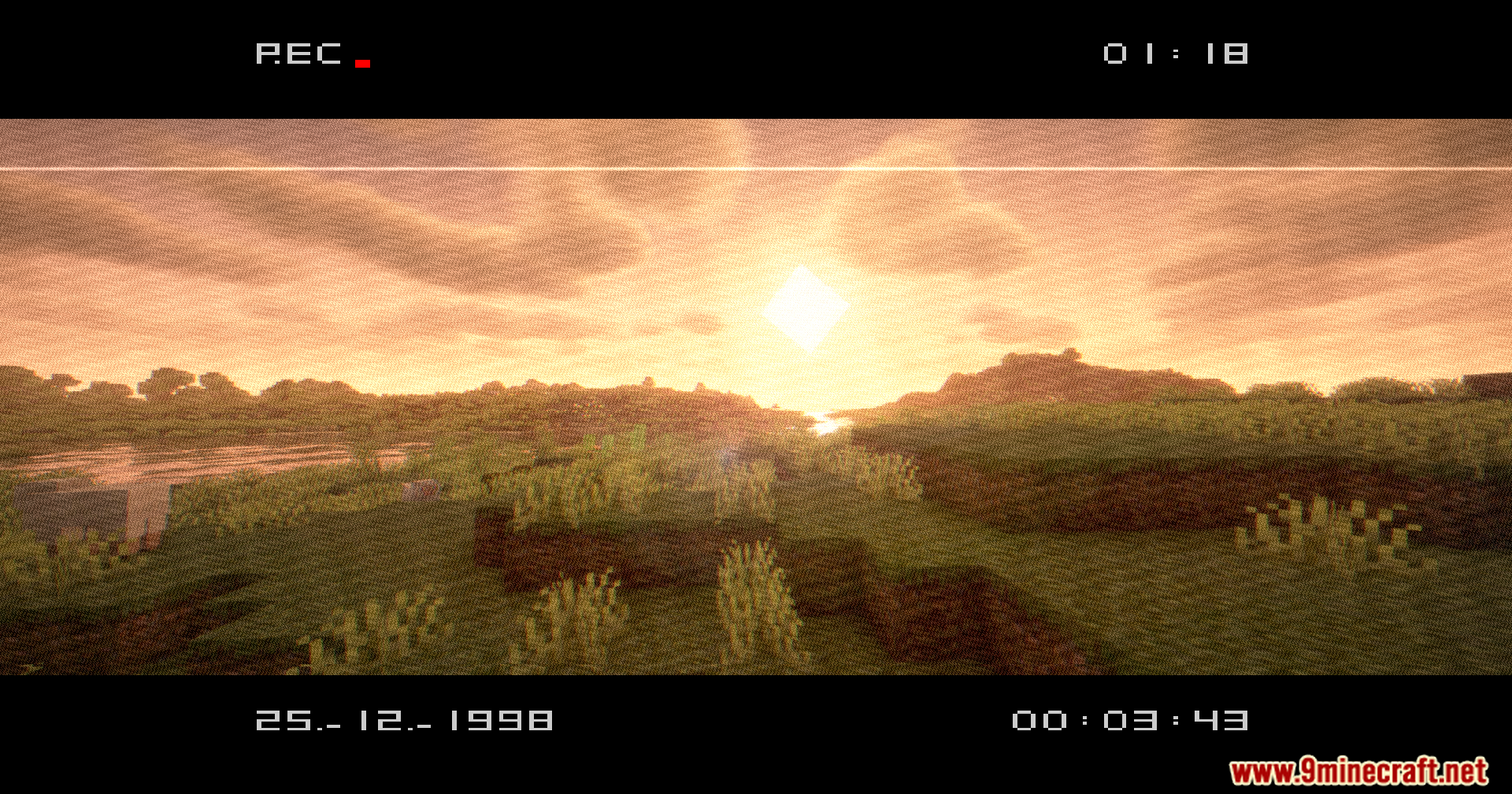 VHS X BSL Shaders Screenshot 2 Grassy Minecraft hills under a bright sun with a retro found footage filter