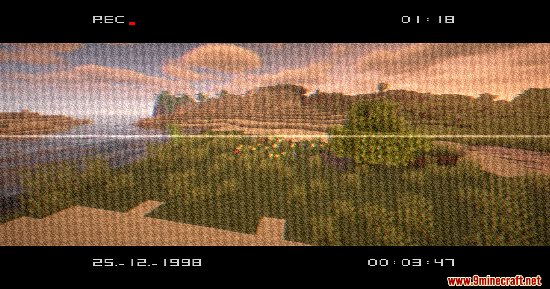 VHS X BSL Shaders Screenshot 3 A peaceful Minecraft landscape viewed through a retro VHS camcorder recording filter