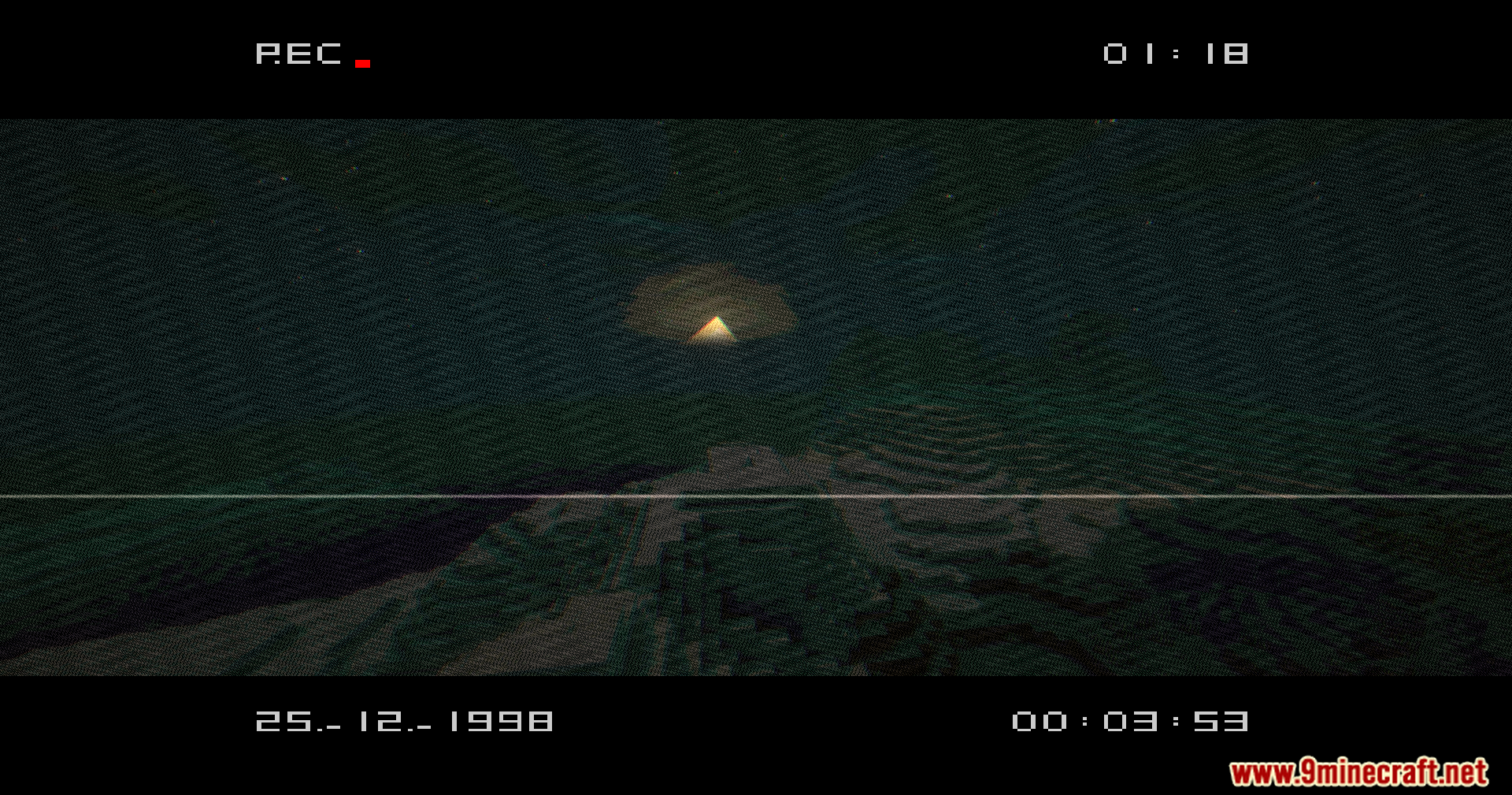VHS X BSL Shaders Screenshot 4 A mysterious glowing pyramid seen at night through a grainy VHS lens
