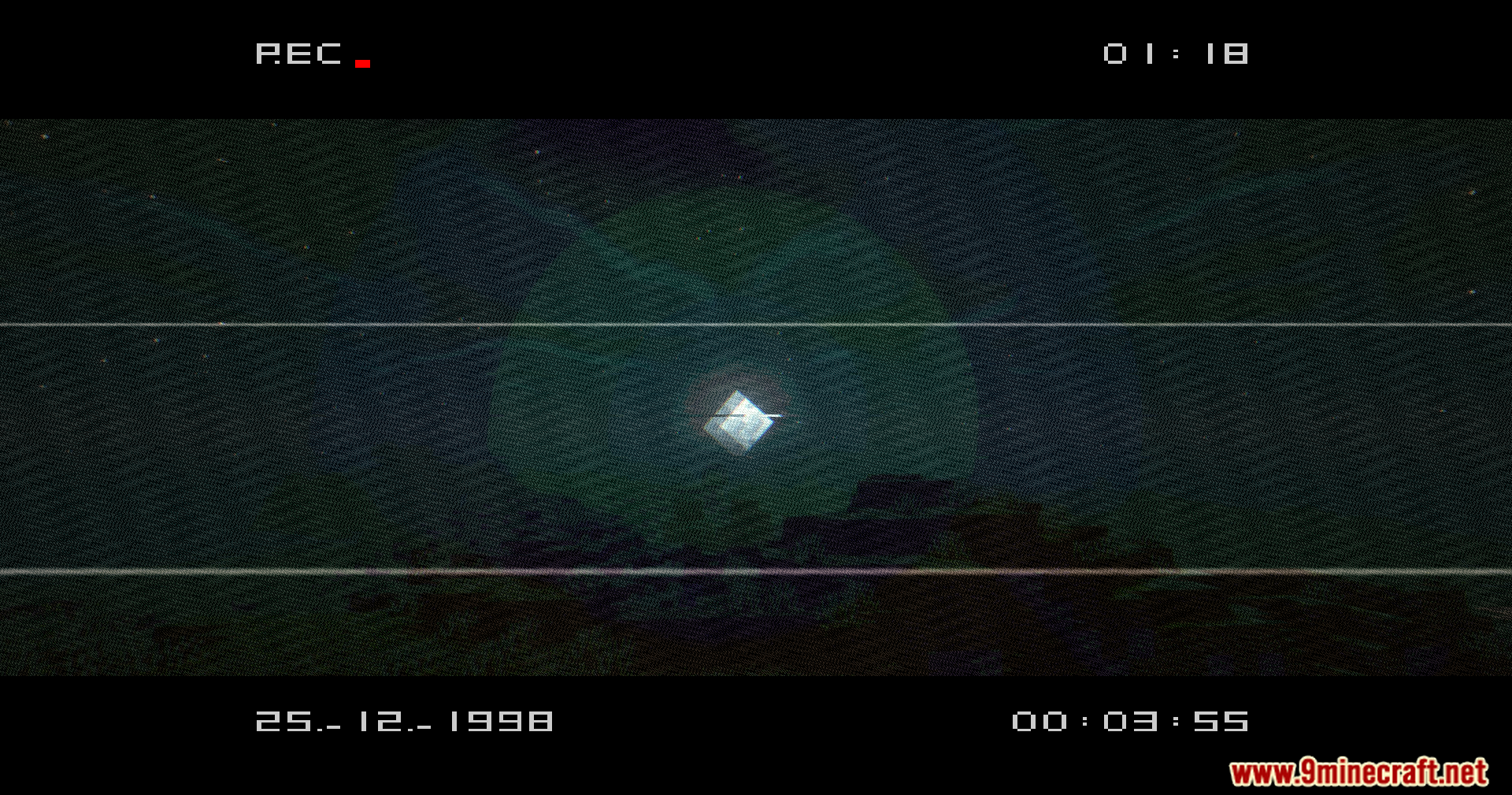 VHS X BSL Shaders Screenshot 5 VHS BSL Shaders showing a mysterious glowing cube in a dark world