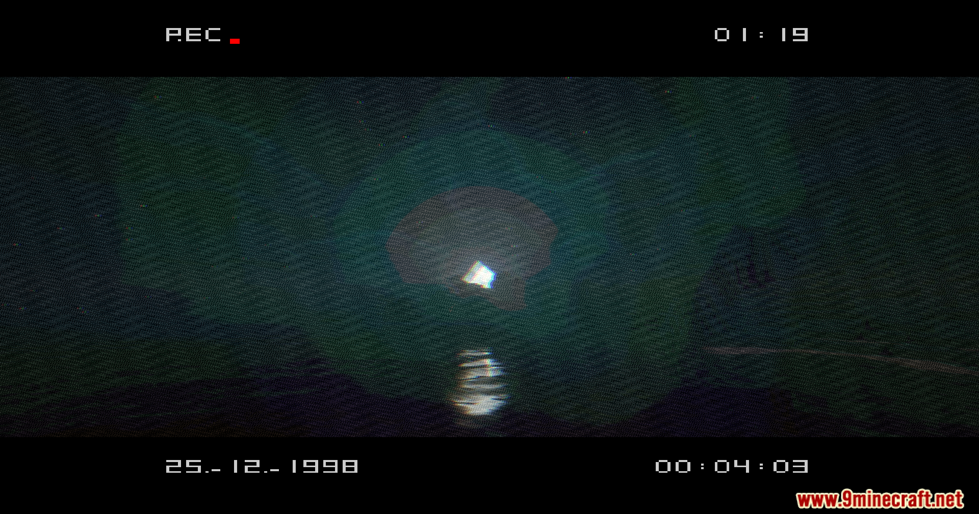 VHS X BSL Shaders Screenshot 6 Mysterious glowing cube reflecting on water with retro camcorder visual effects