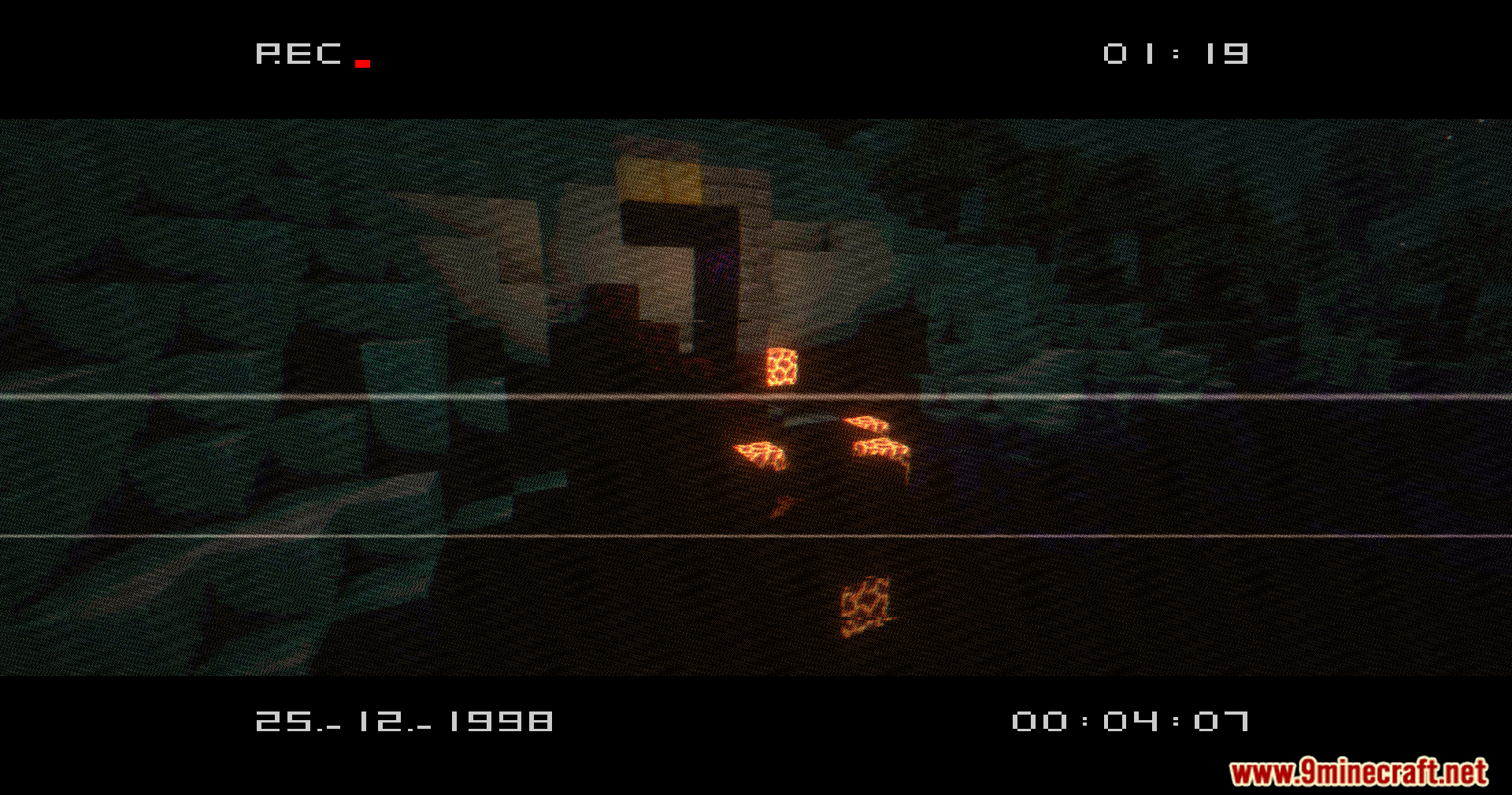 VHS X BSL Shaders Screenshot 7 A ruined portal glows in the dark forest with retro VHS camera effects
