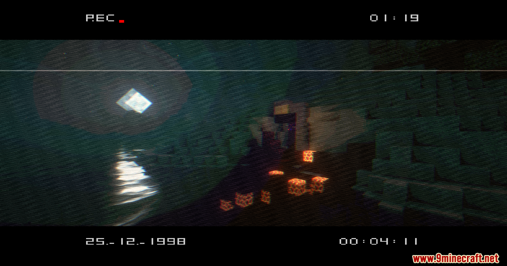 VHS X BSL Shaders Screenshot 8 The square moon reflects on water near a ruined portal with VHS filters