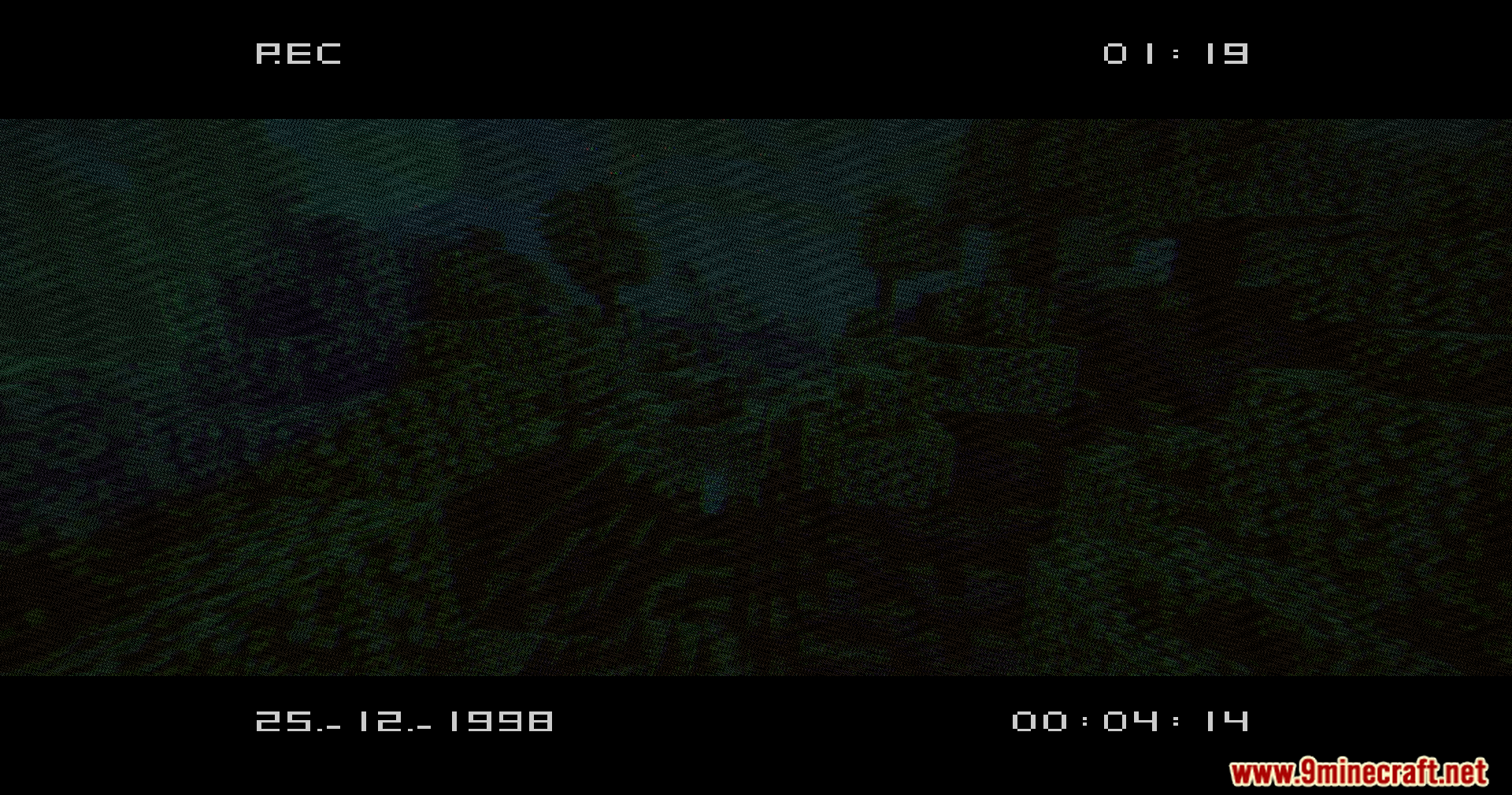 VHS X BSL Shaders Screenshot 9 A dark Minecraft landscape captured with a retro VHS camcorder recording interface