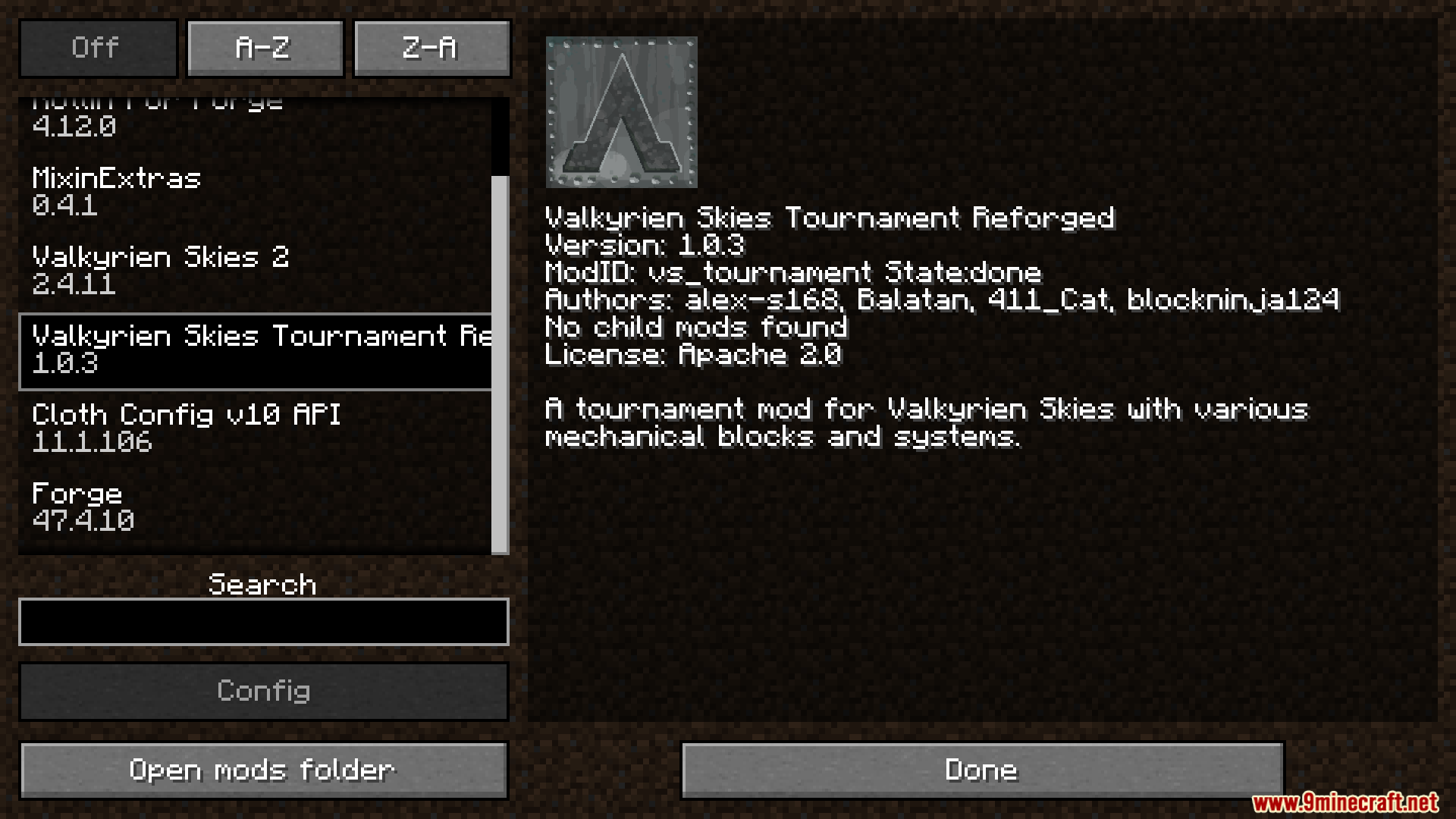 Valkyrien Skies Tournament Reforged Mod Screenshot 1 Minecraft mod menu screen displaying information about Valkyrien Skies Tournament Reforged mod