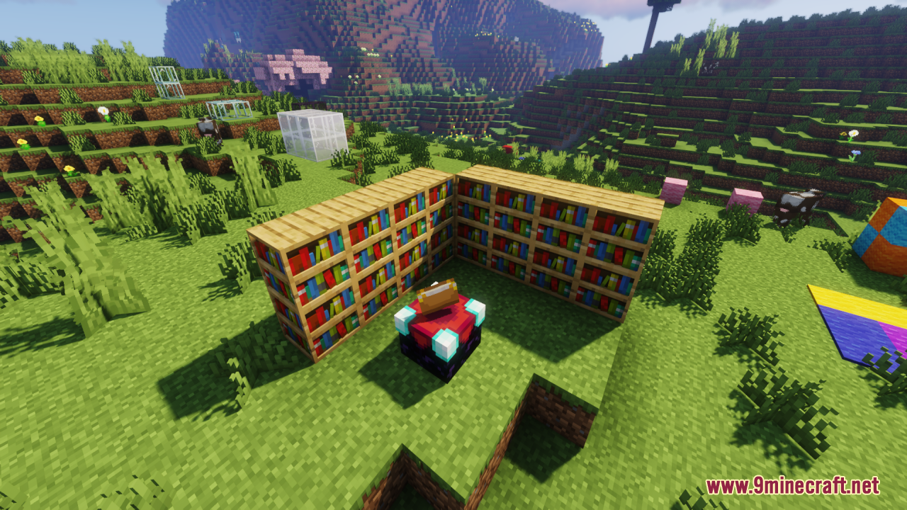 Enchanting table surrounded by bookshelves with 3D textures in a grassy field