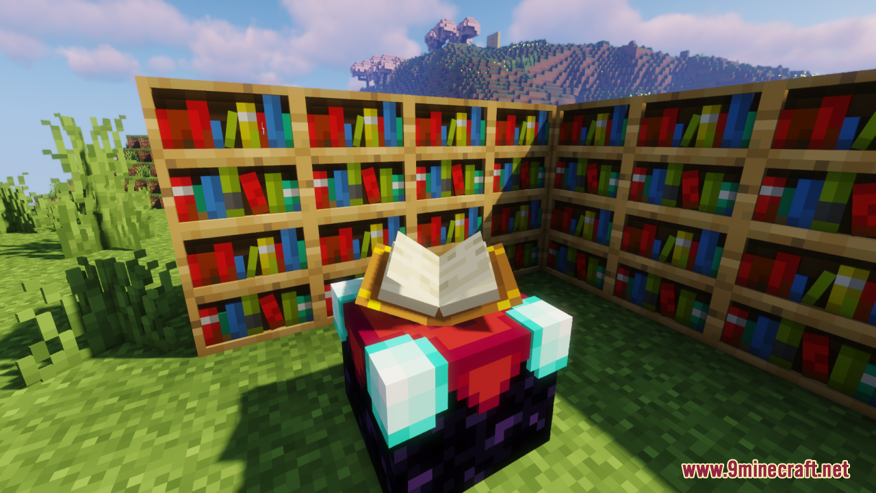 Enchantment table and bookshelves showing enhanced 3D models in a field