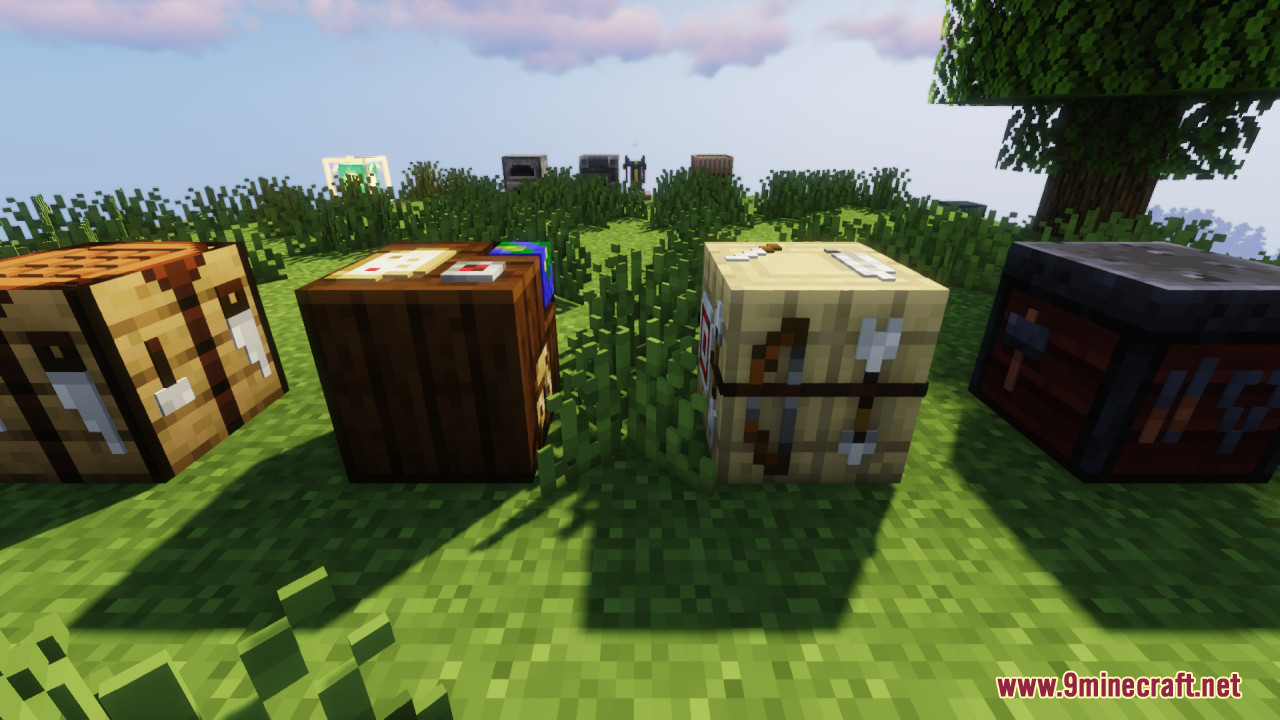 Various crafting and utility blocks featuring detailed 3D models on a grassy field