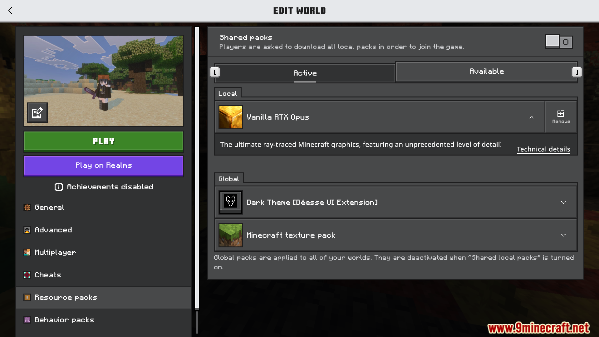 Minecraft Edit World menu showing the Vanilla RTX Opus resource pack active