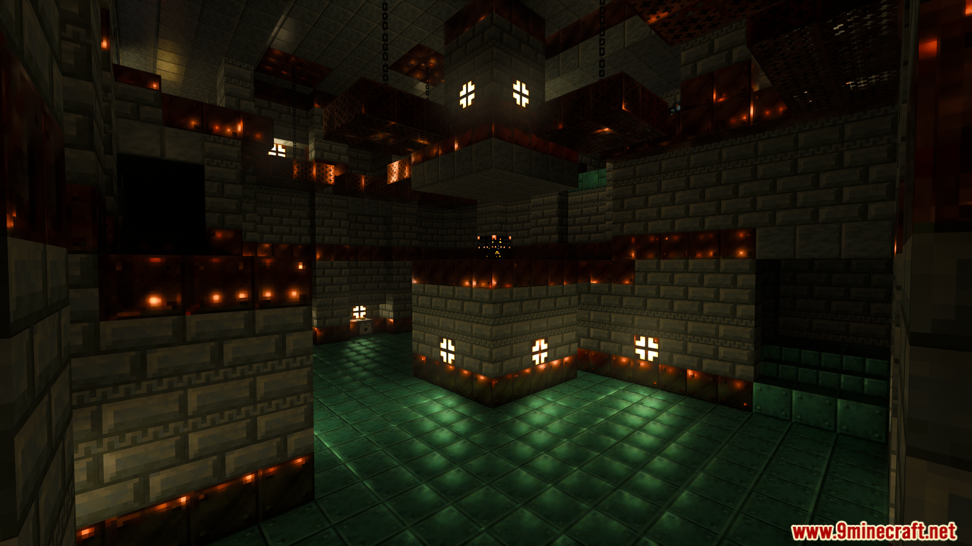 High quality normal maps create bumpy surfaces on tuff bricks and copper floors