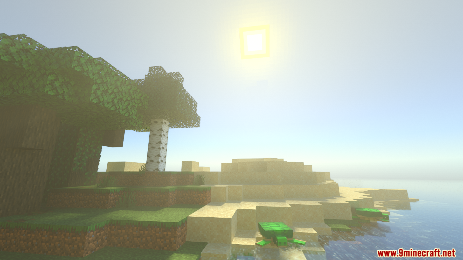 Ray traced graphics showing realistic lighting and shadows on a Minecraft beach