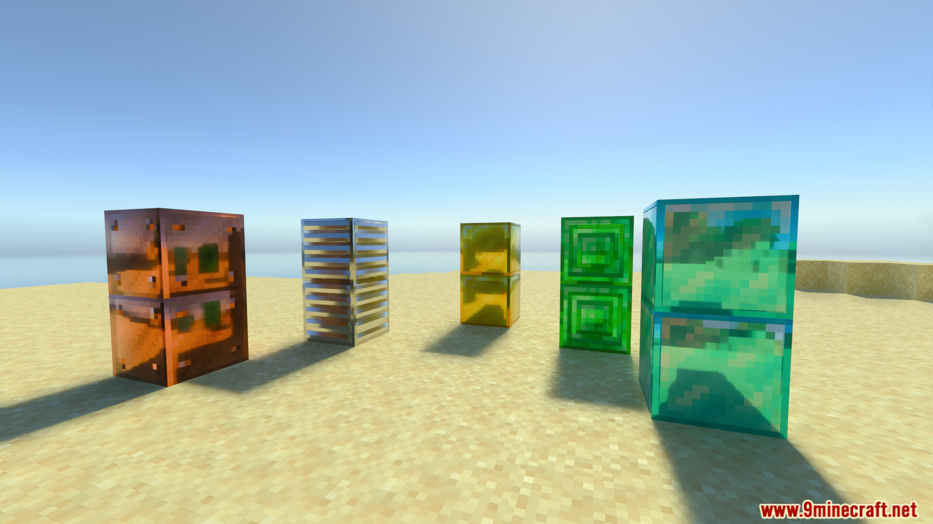 Vanilla RTX Opus Shader displays highly reflective metallic blocks on a sunny beach