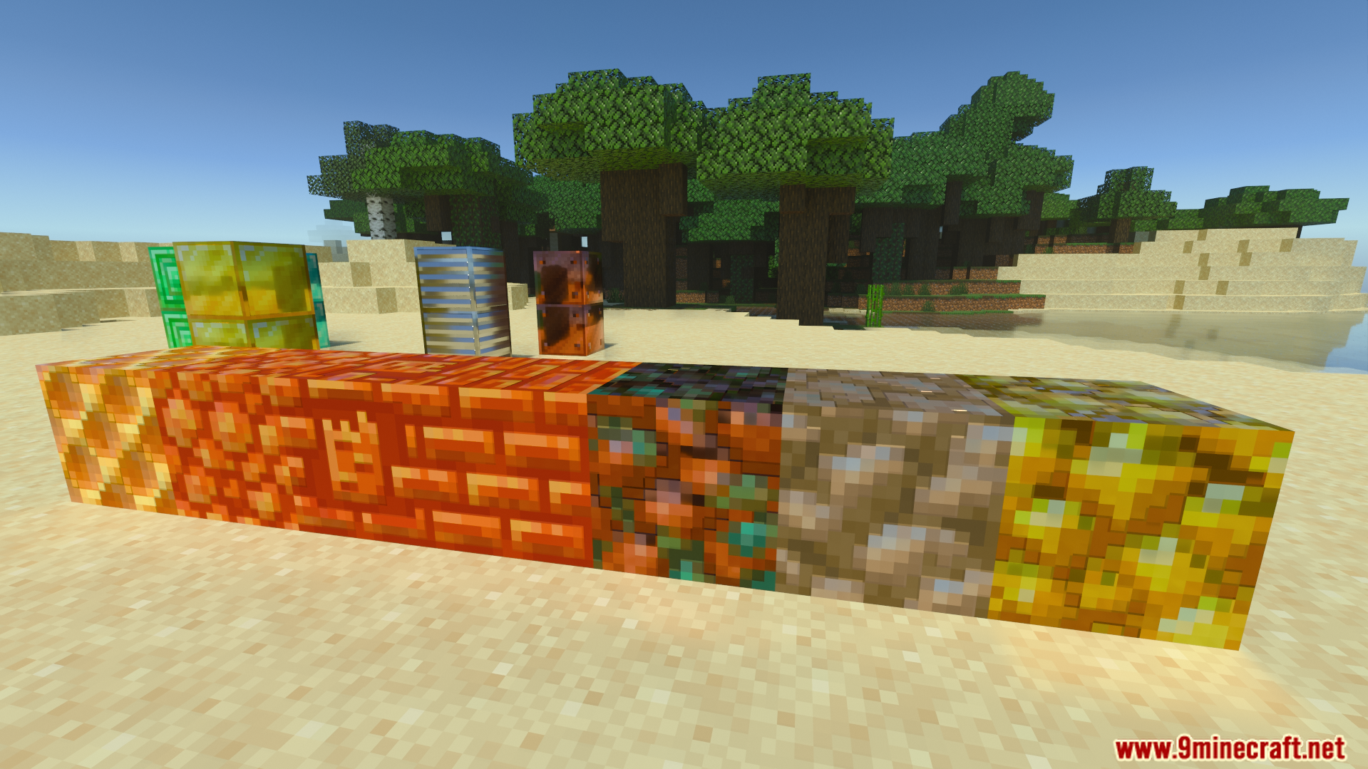 Vanilla RTX Opus Shader displays realistic block textures on a sunny beach