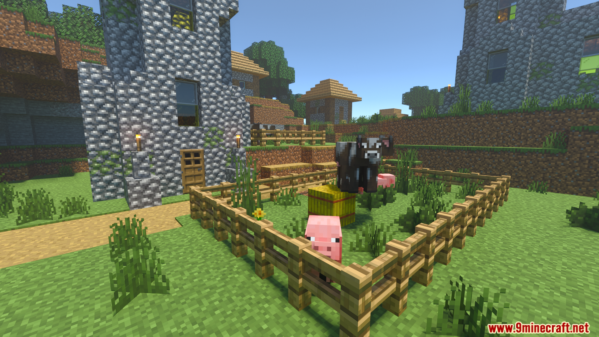 Vanilla RTX Opus Shader adds realistic depth to cobblestone buildings and farm animals