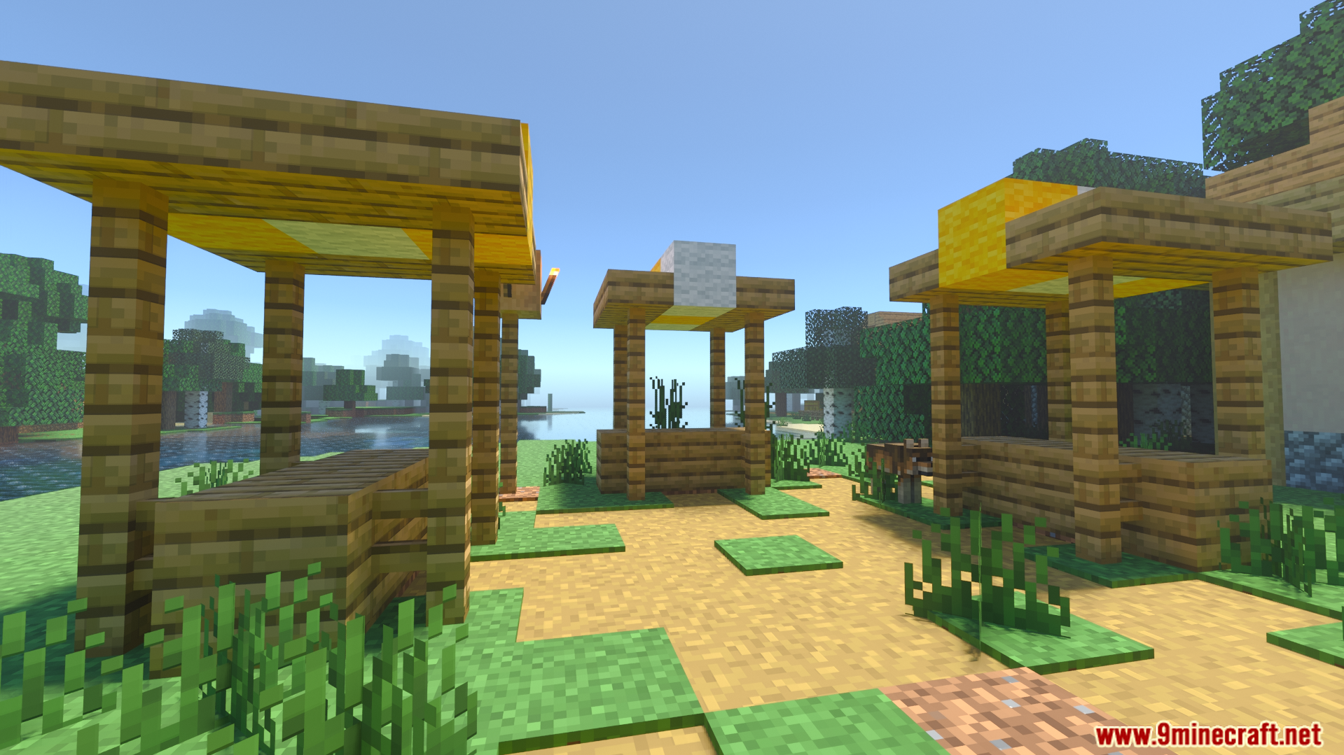 Market stalls with yellow wool roofs showing realistic depth and lighting effects near water