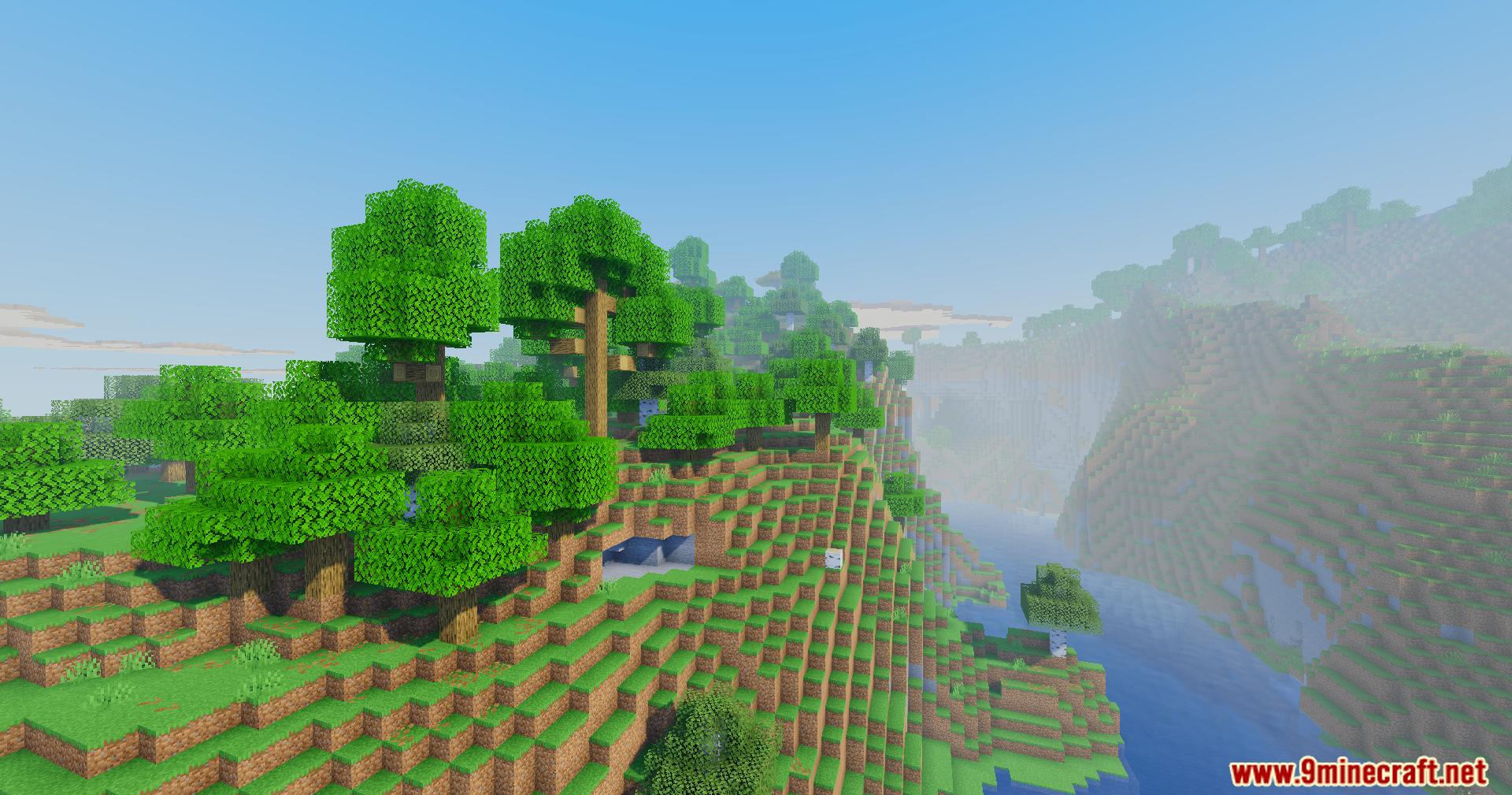 Vibrant forest landscape featuring Vanilla Remake Shaders Mod with bright clear lighting