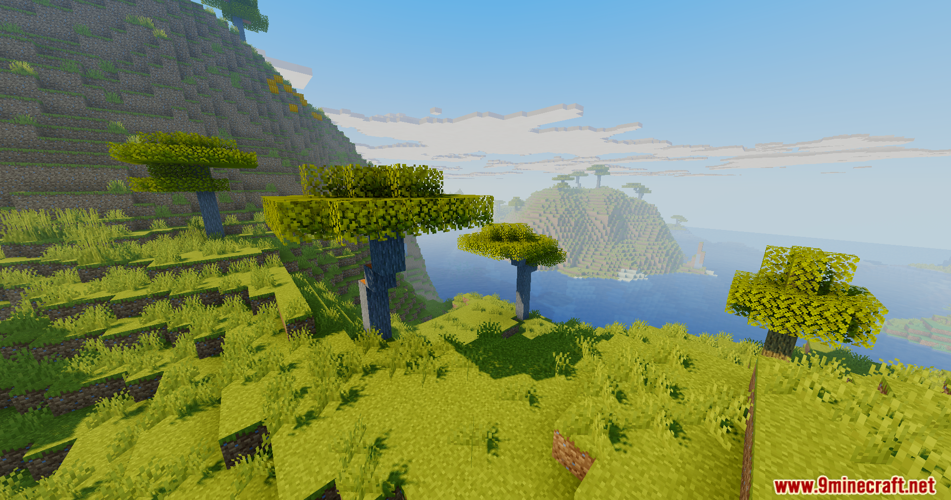 Acacia trees on a Minecraft hill overlooking the ocean under a clear sky