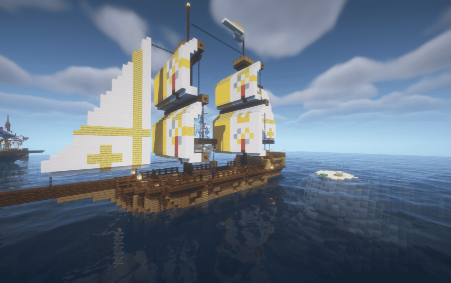 Vatican Flagged Medieval Ship with Full Interior Schematic File Schematic Screenshots 1 Vatican flagged medieval ship sailing on the calm blue water of the ocean