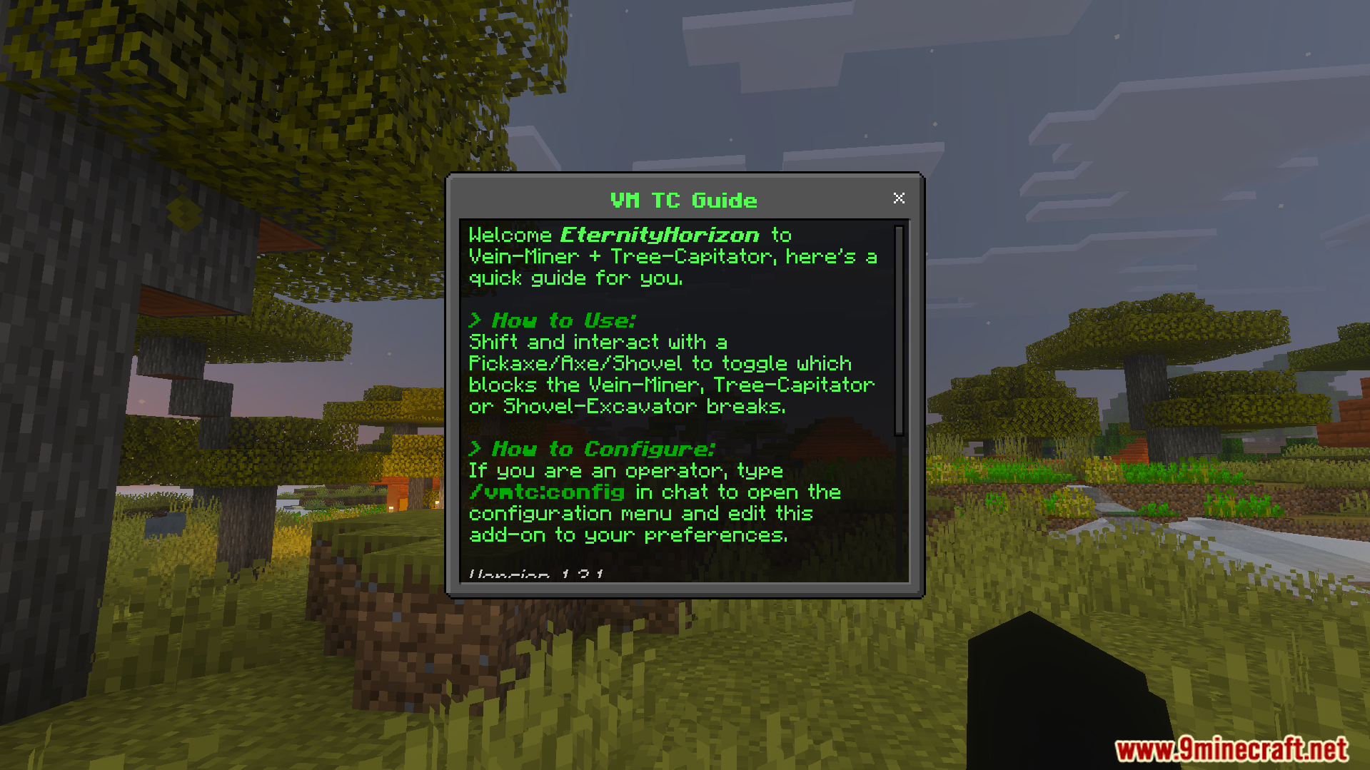 VeinMiner Tree Capitator Addon Screenshot 1 Guide menu showing how to use and configure the block breaking addon