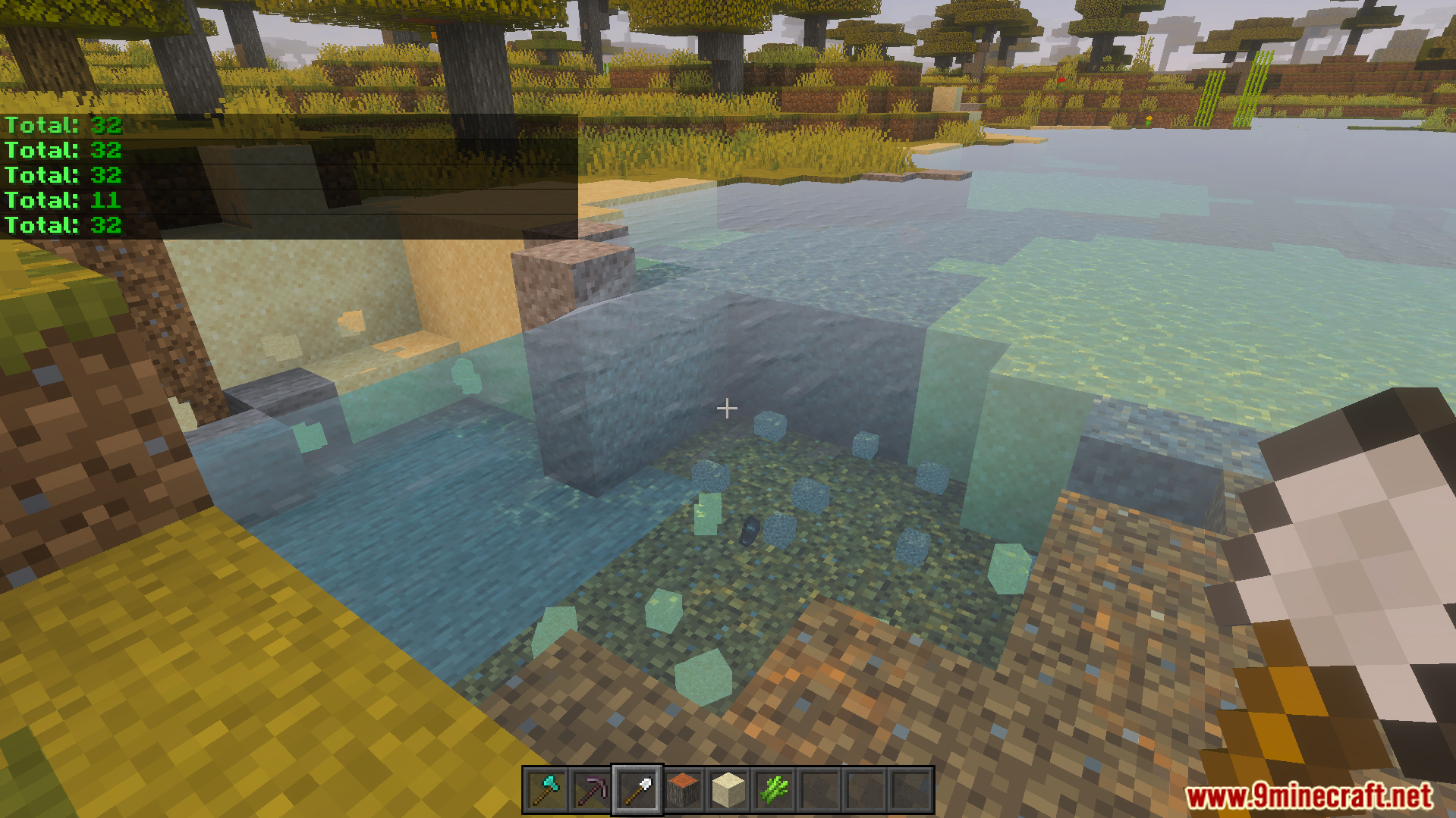 VeinMiner Tree Capitator Addon Screenshot 10 Multiple sand blocks cleared by a shovel with dropped items floating in water