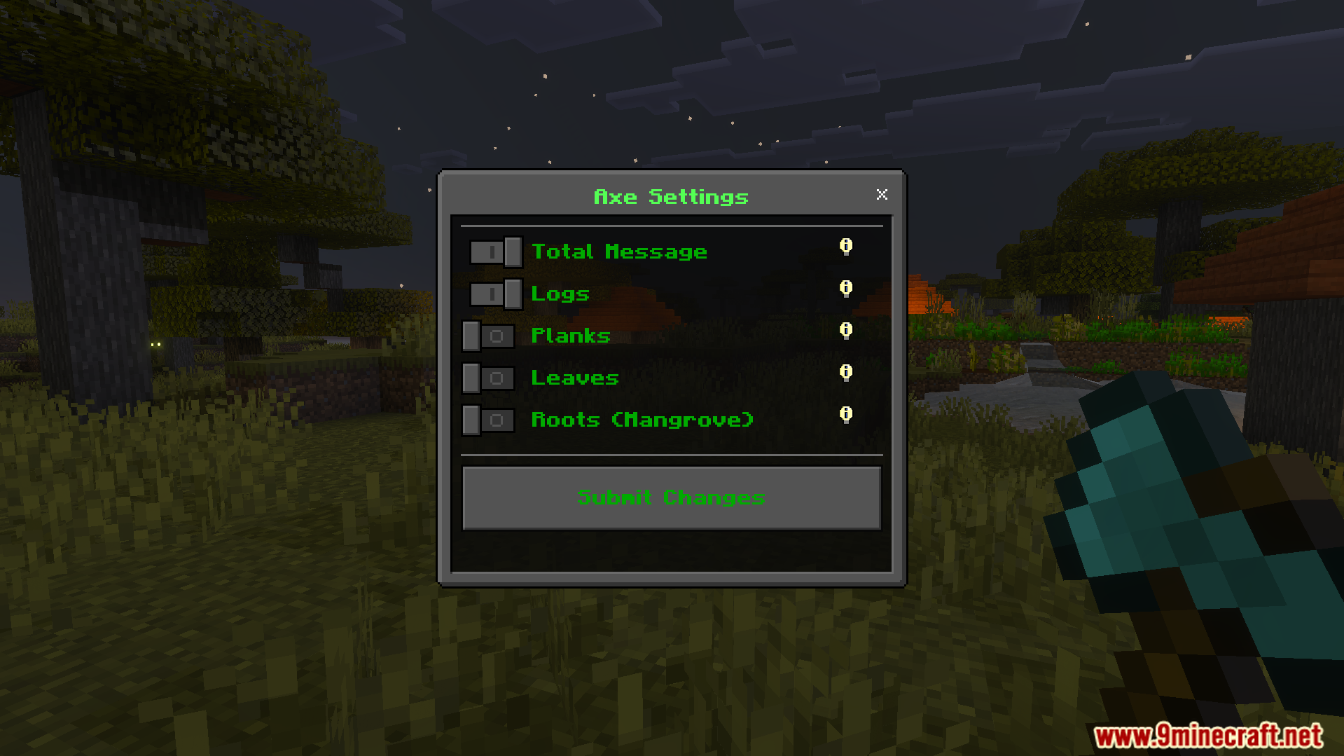 VeinMiner Tree Capitator Addon Screenshot 2 Axe settings menu with toggles for logs planks leaves and mangrove roots