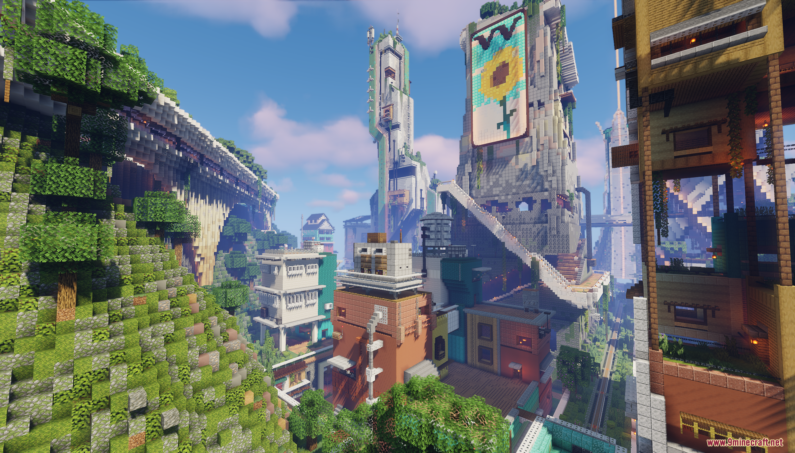 Vesta Verde Map Screenshot 1 Futuristic city with tall skyscrapers and a large sunflower mural on a building