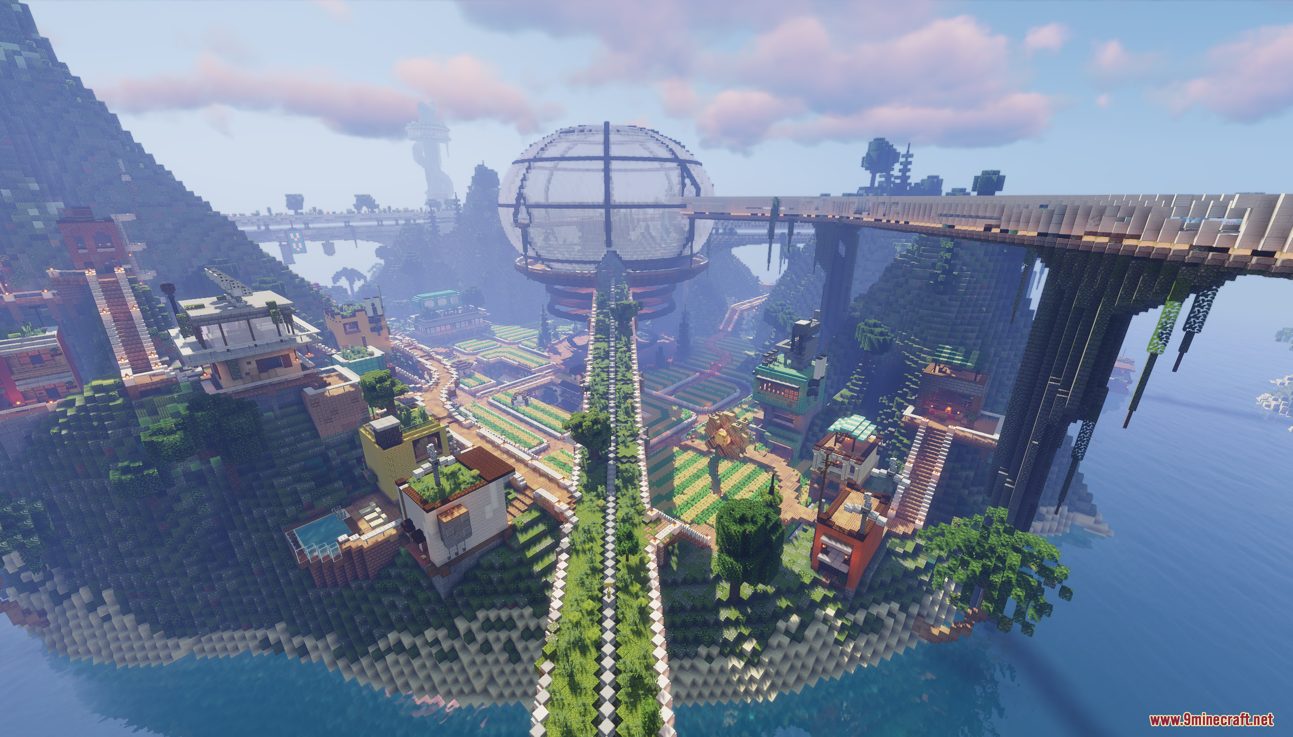 Vesta Verde Map Screenshot 10 A large glass dome structure connected by bridges overlooking a coastal village