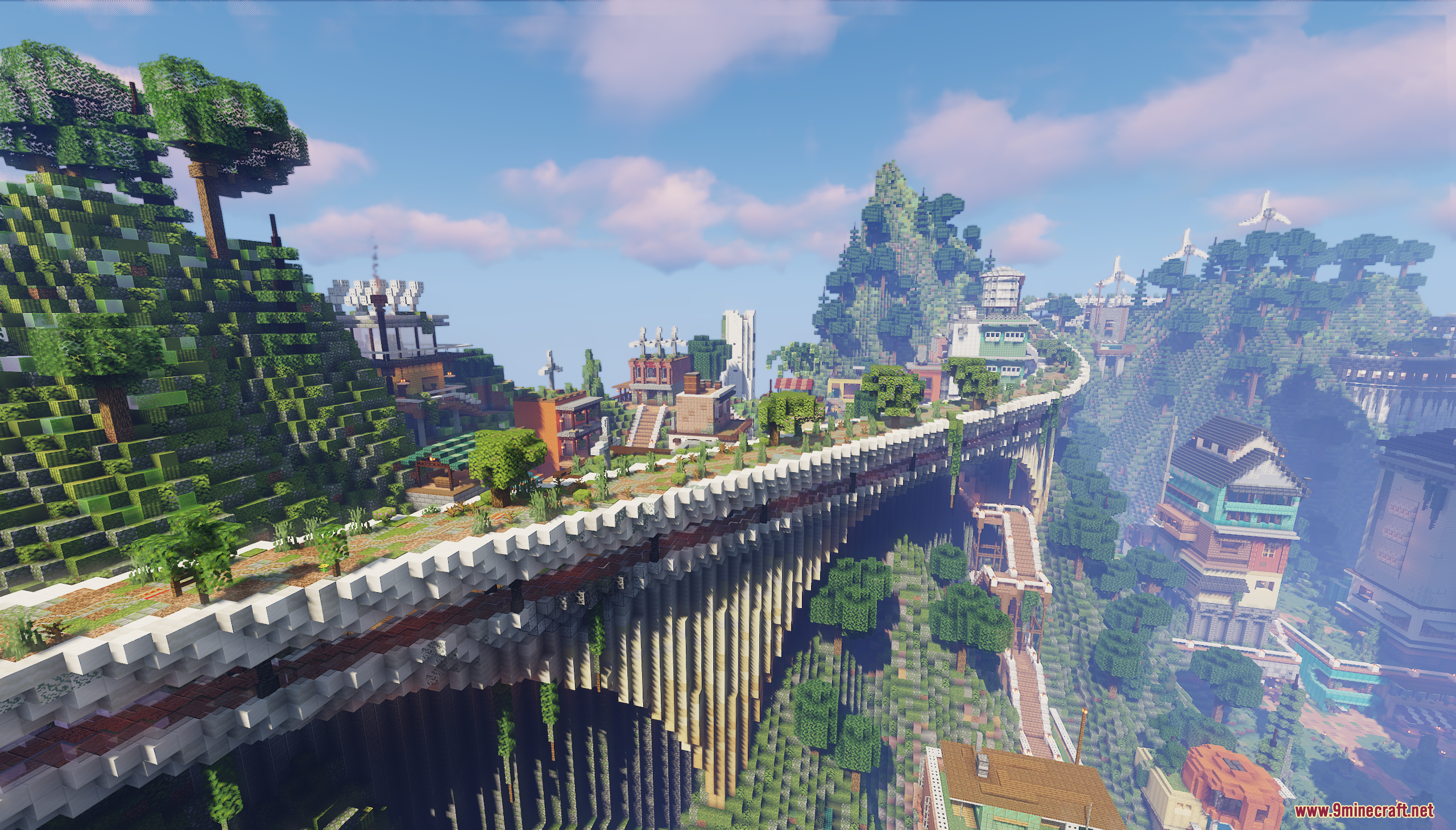 Vesta Verde Map Screenshot 2 Long elevated bridge covered in greenery winding through a hilly Minecraft landscape