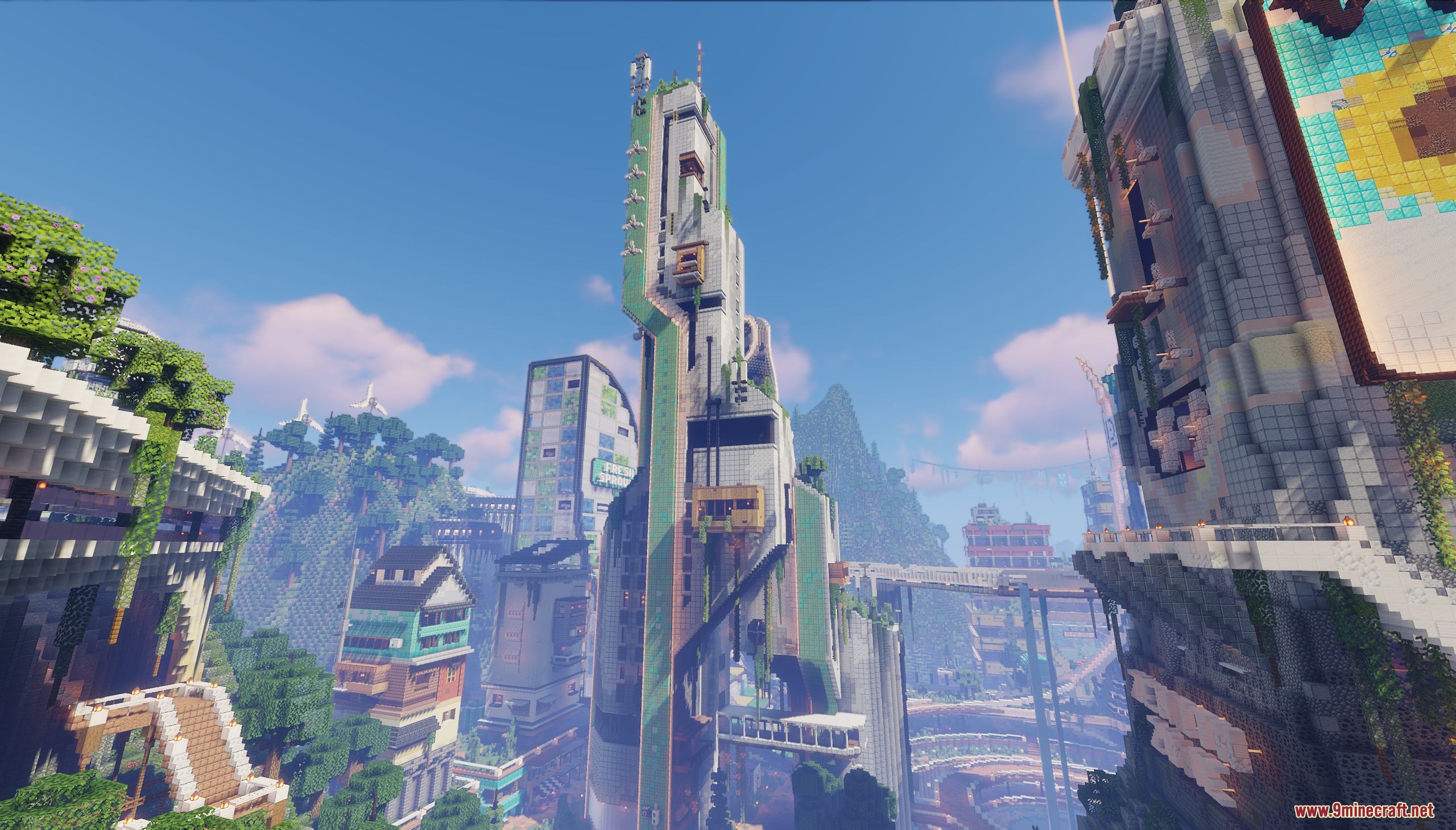 Vesta Verde Map Screenshot 3 A tall futuristic skyscraper with green accents stands in the Vesta Verde Map