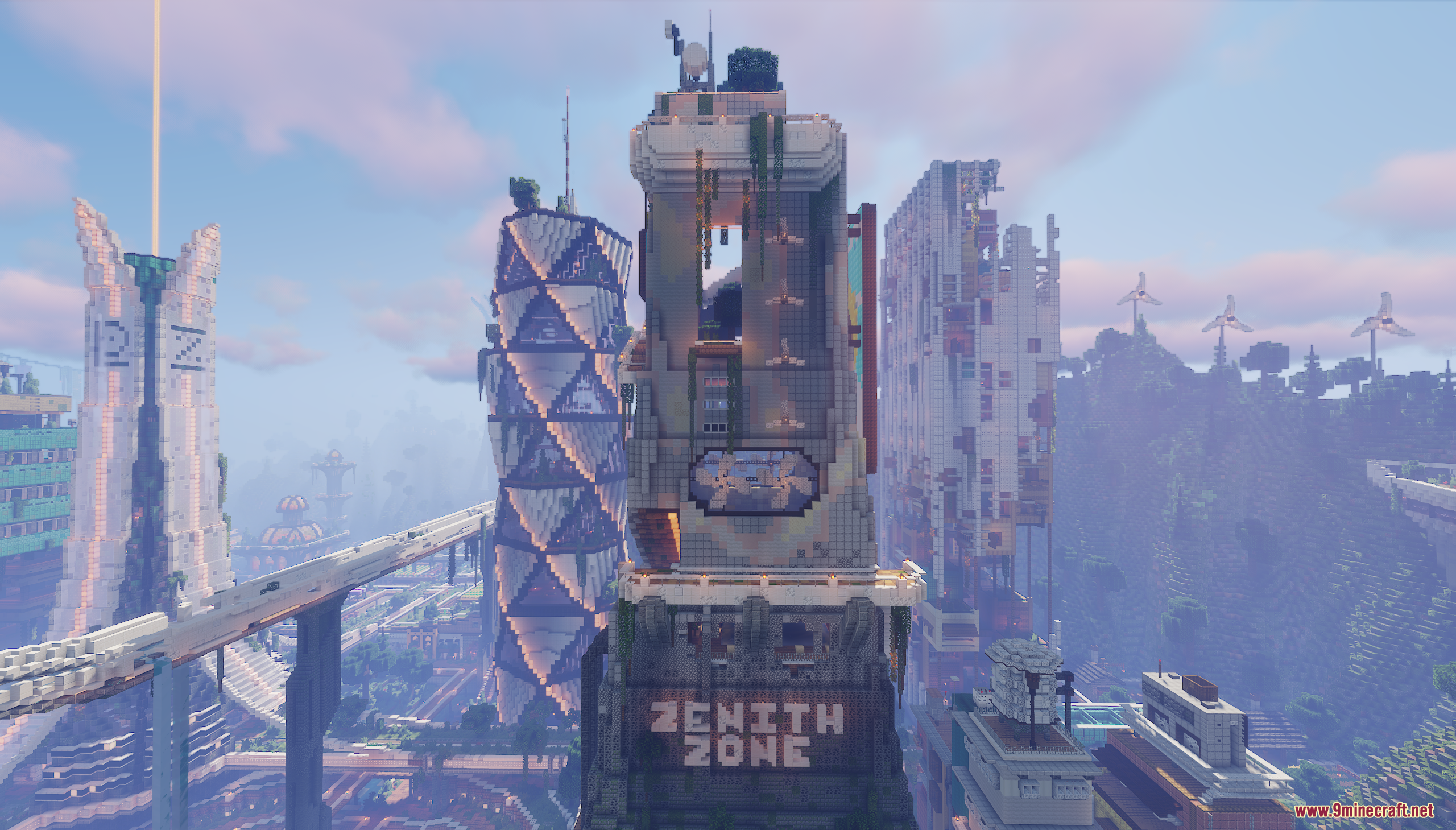 Vesta Verde Map Screenshot 4 Futuristic city skyline featuring a Zenith Zone building and a unique spiral tower