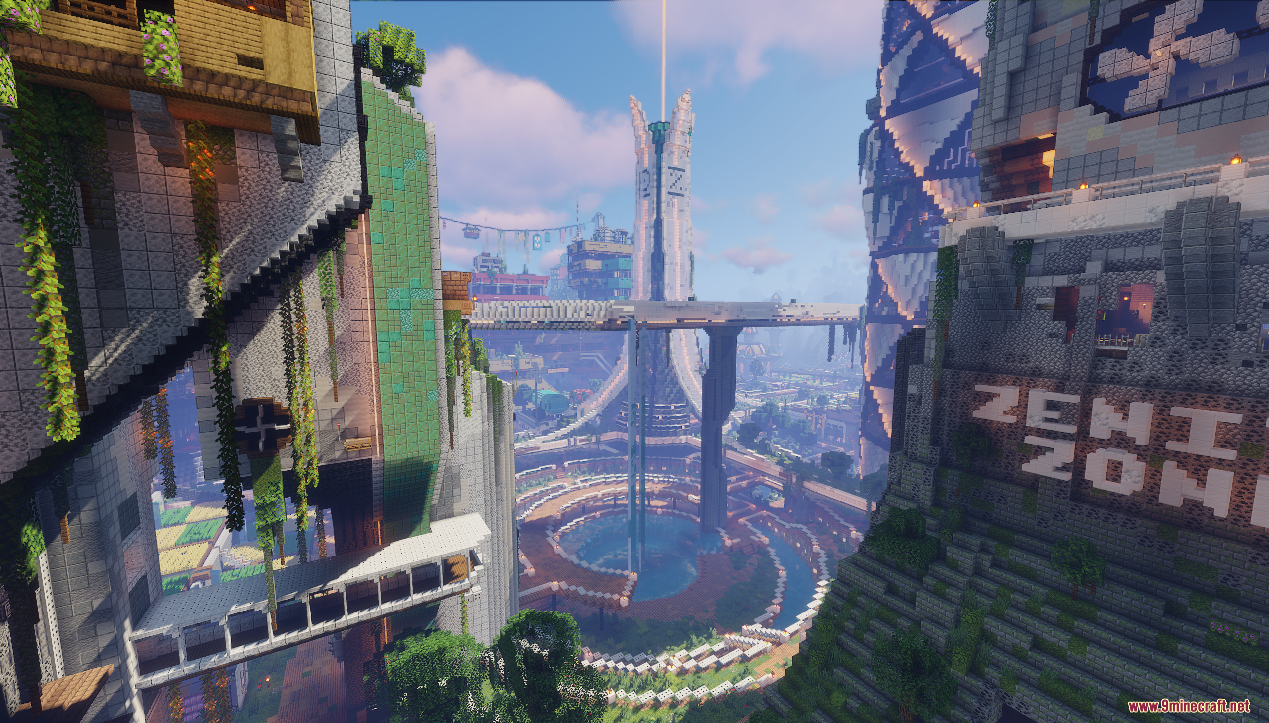 Vesta Verde Map Screenshot 5 A futuristic Minecraft city featuring a tall central tower and circular plaza