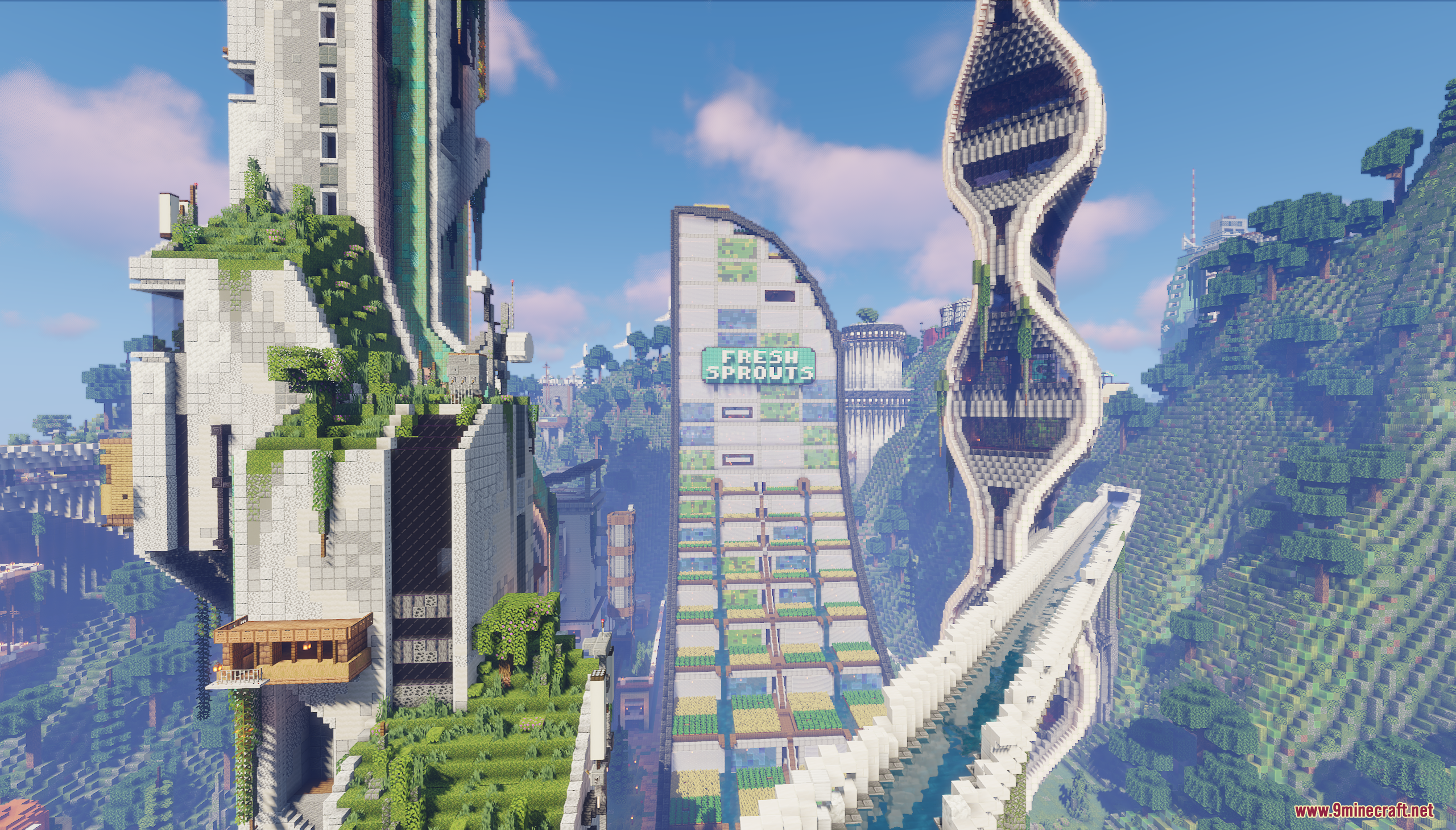 Vesta Verde Map Screenshot 7 Futuristic white skyscrapers with lush greenery in the Vesta Verde map