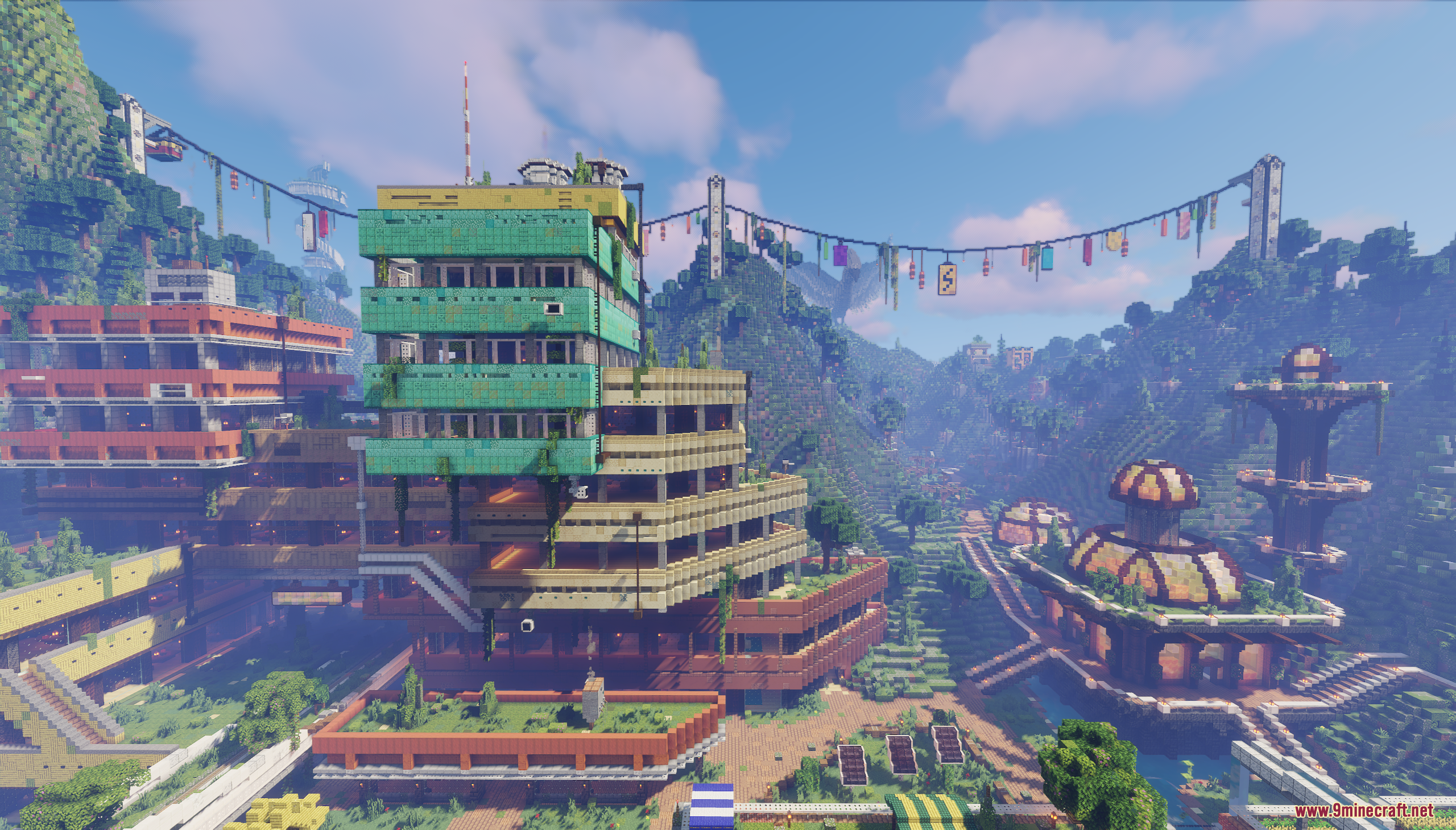 Vesta Verde Map Screenshot 8 Tiered modern buildings decorated with colorful banners in a lush mountain valley