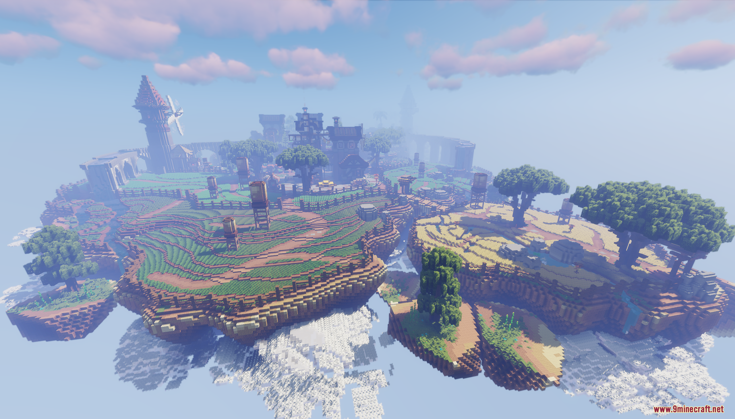 Overview of Veyra Fields Map featuring a large floating island with farms