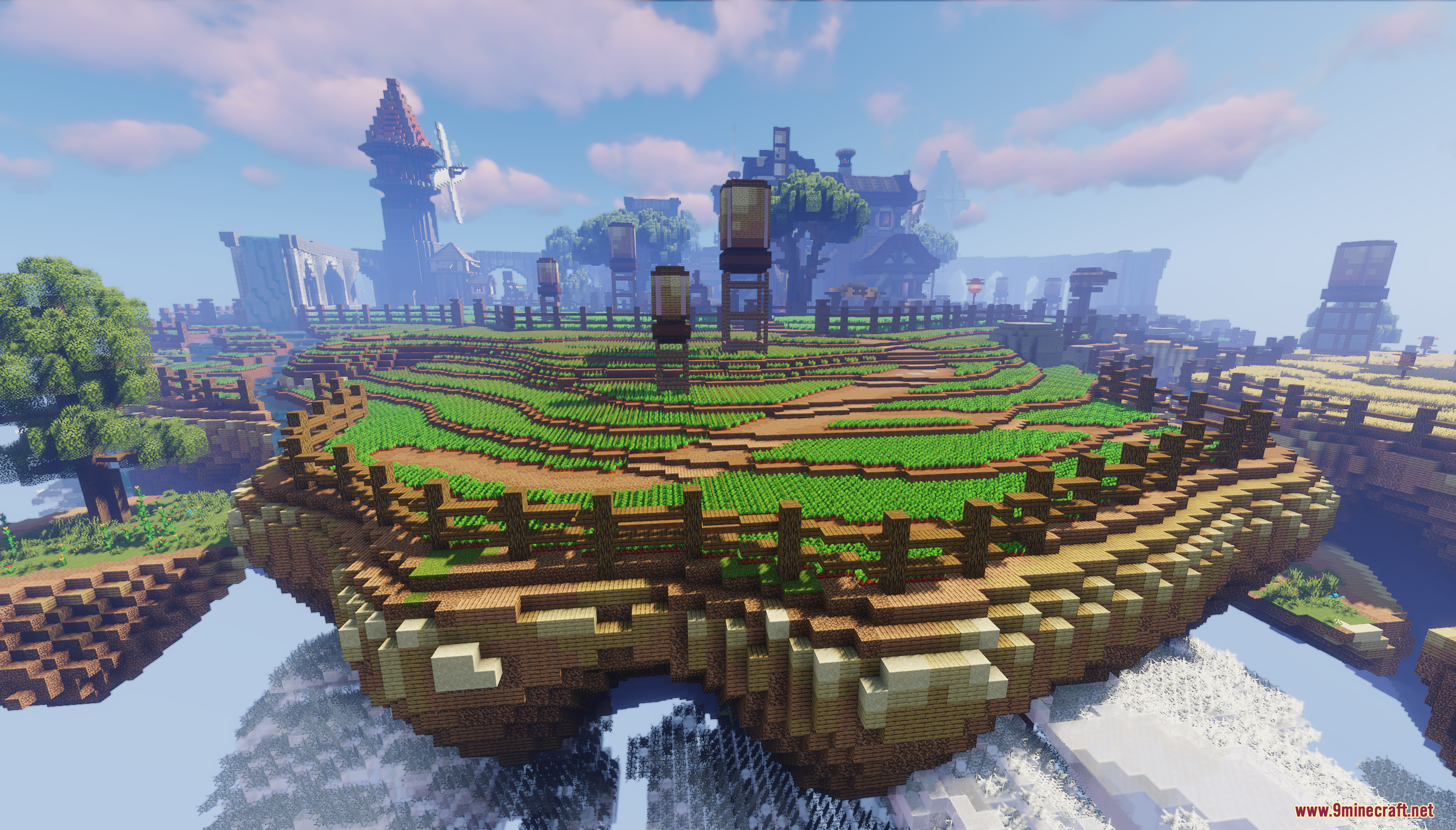Detailed view of terraced green fields with water towers on a floating island