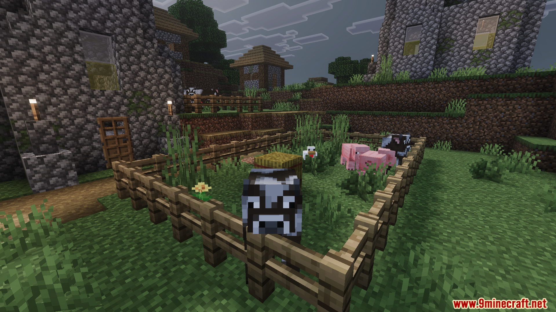 Vibrant Legacy Uncanny Rewrite Shader Screenshot 2 Cows and pigs in a wooden fence pen with dark eerie shader lighting