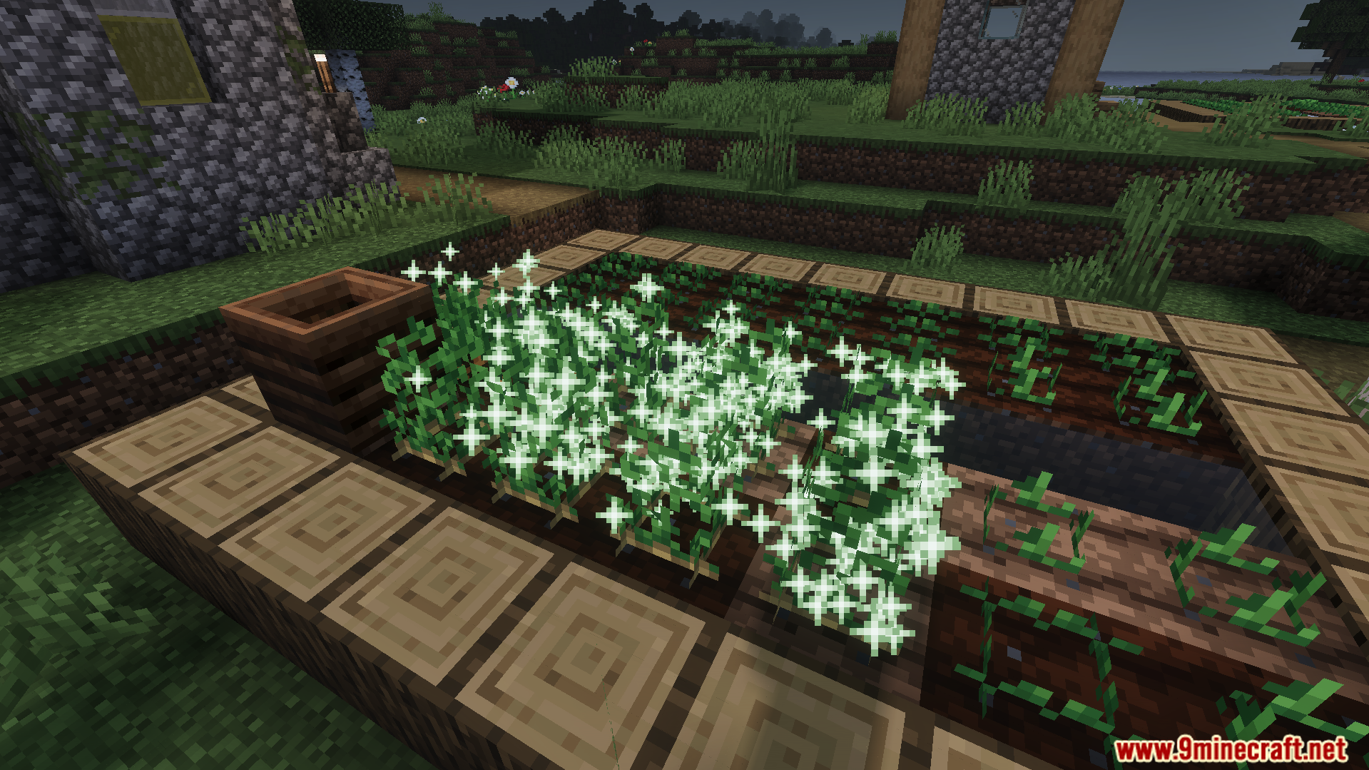 Vibrant Legacy Uncanny Rewrite Shader Screenshot 4 Glowing white particles over a farm plot with dark eerie shader lighting effects