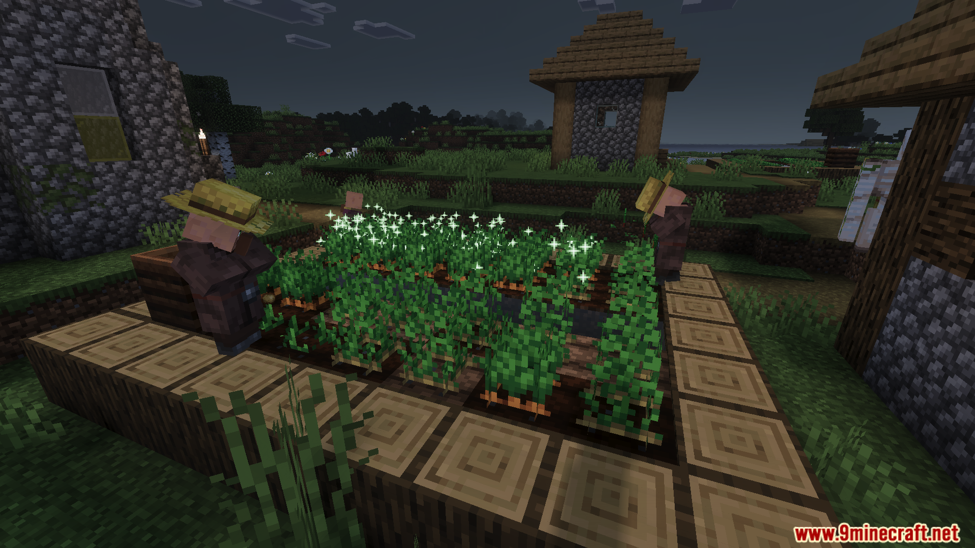 Vibrant Legacy Uncanny Rewrite Shader Screenshot 5 Villagers farming crops at night with Vibrant Legacy Uncanny Rewrite Shader effects