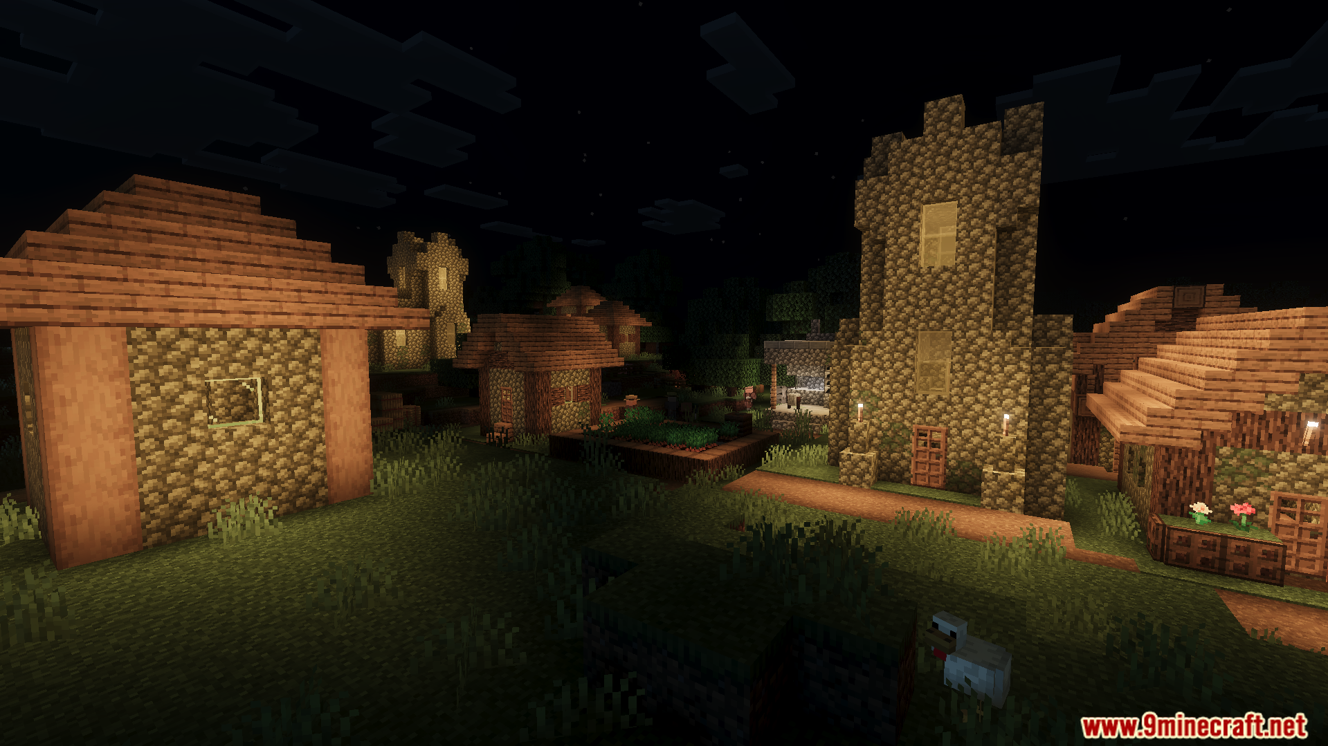 Vibrant Legacy Uncanny Rewrite Shader Screenshot 6 Eerie village buildings at night with dark horror themed lighting and shadows