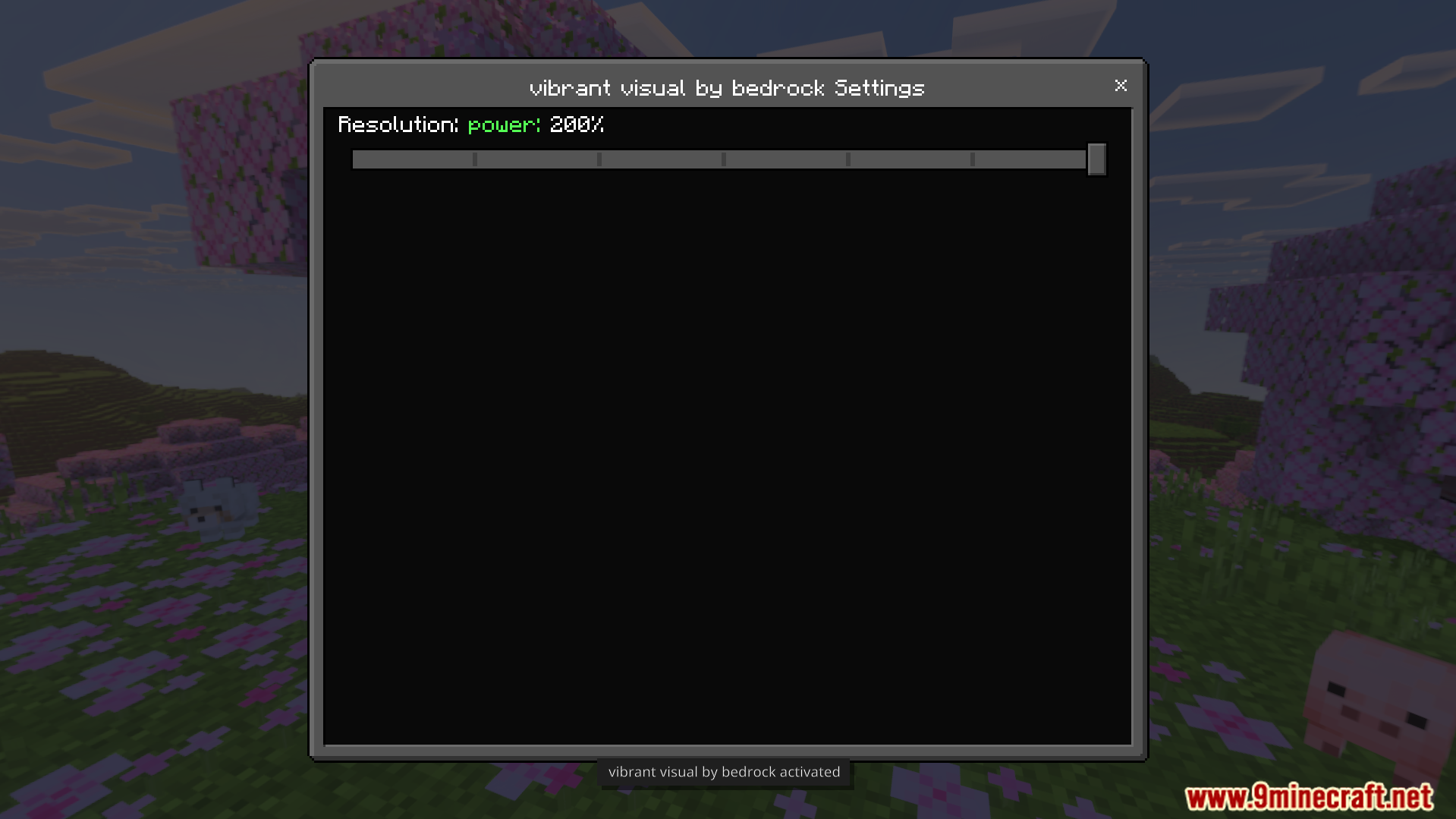 Settings menu for the vibrant visual shader showing resolution power at maximum