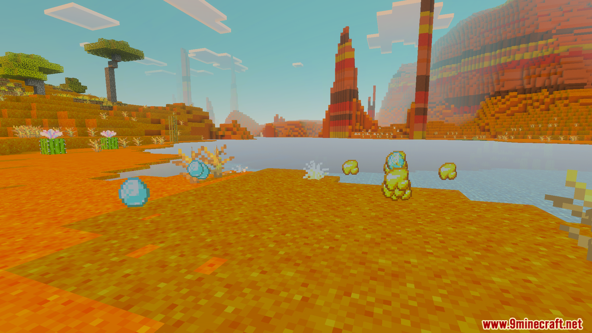 Bright and colorful mesa biome landscape with floating diamond and gold items