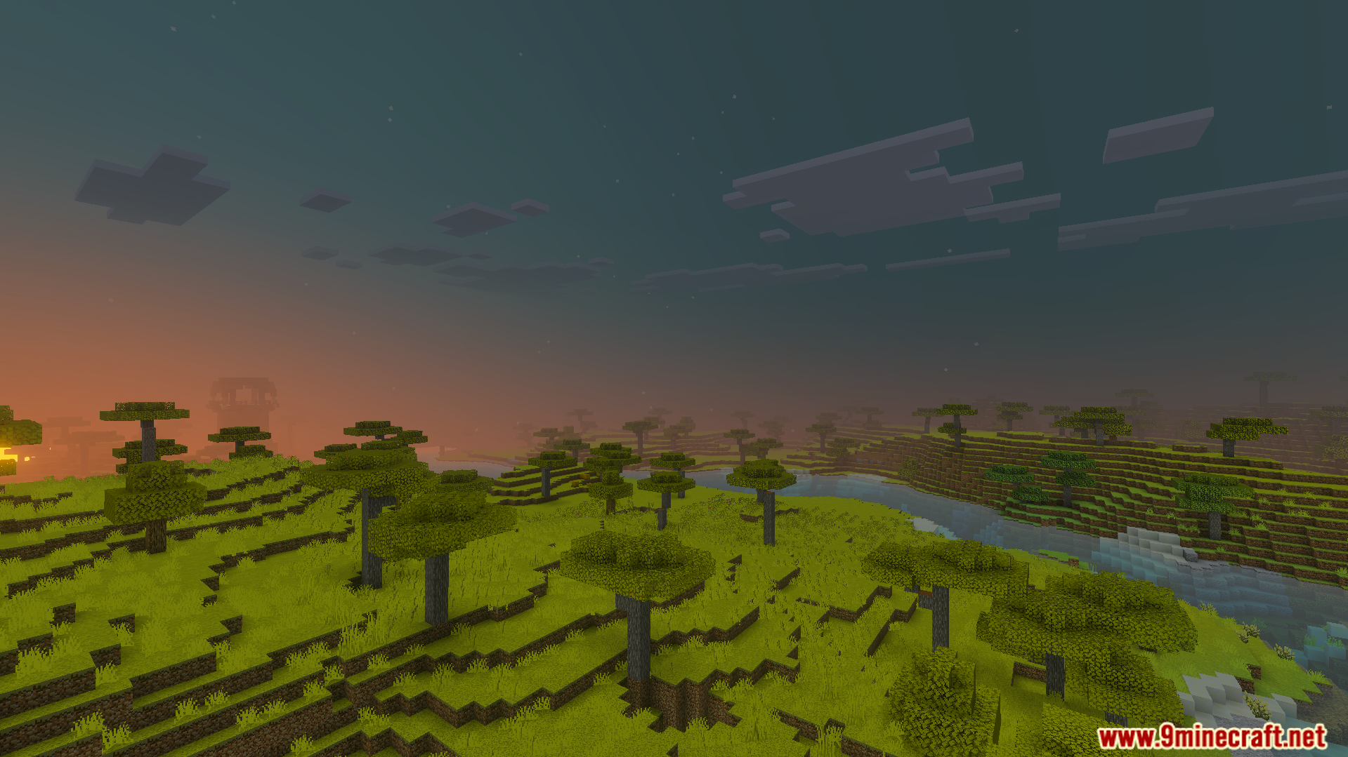 A peaceful savanna landscape at dusk with a river and acacia trees