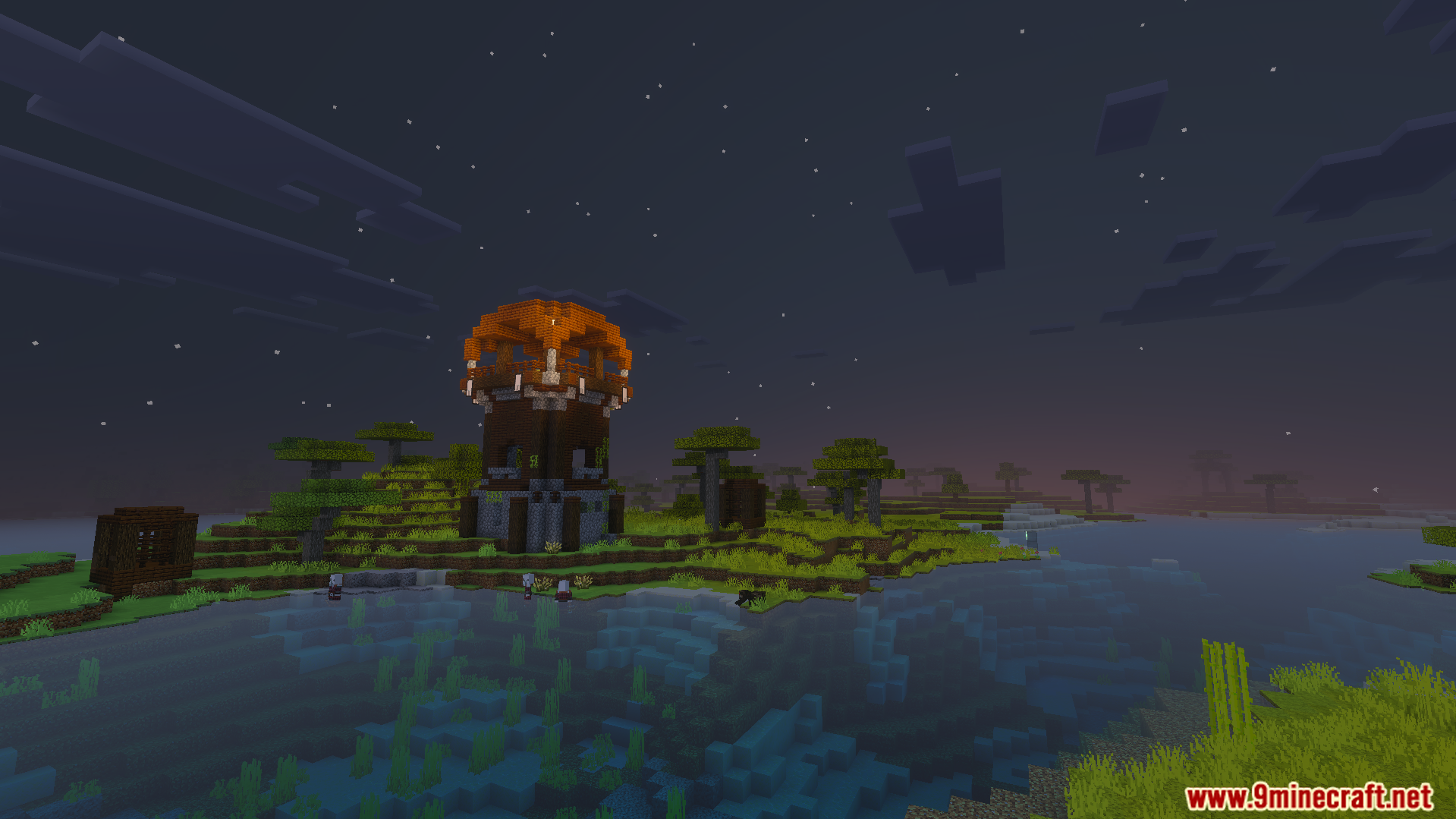 Pillager outpost near a river at night with bright and dynamic colors