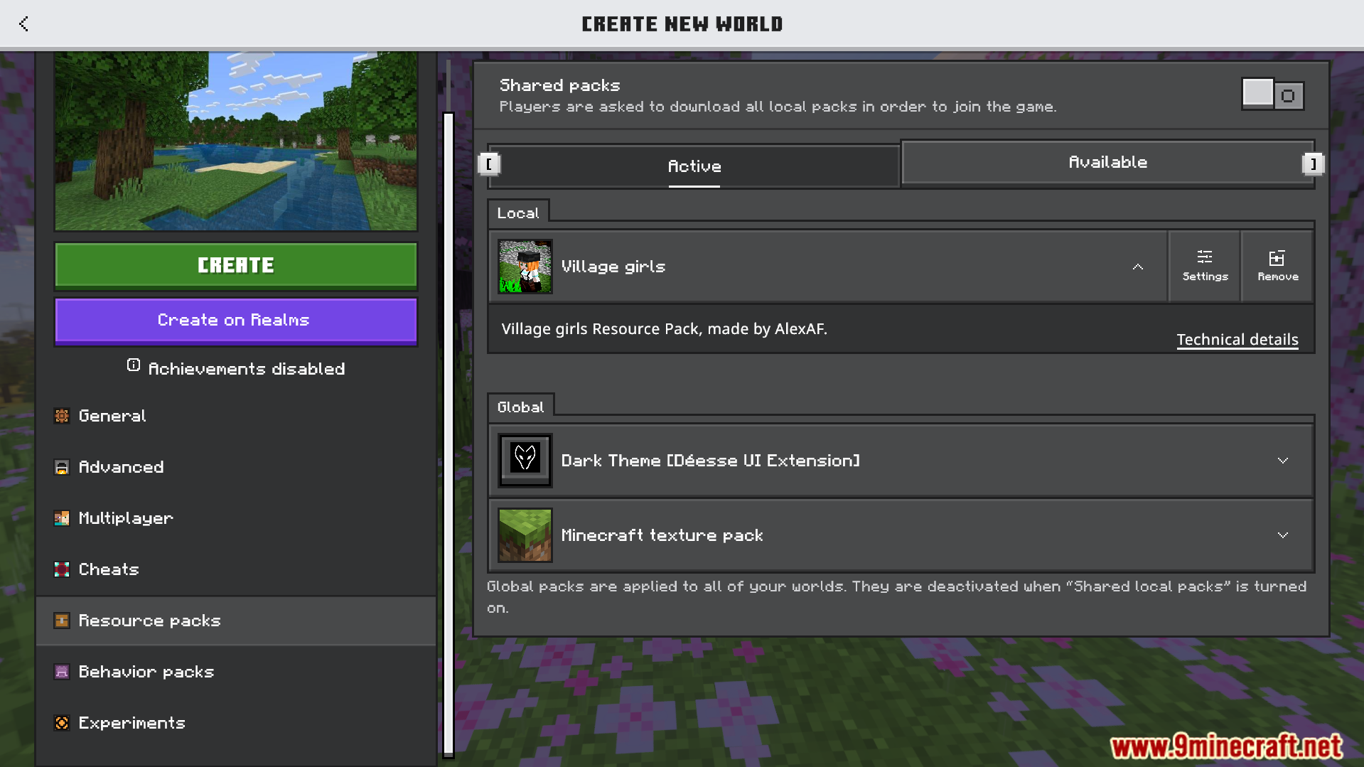 Minecraft world creation screen with the Village girls resource pack active