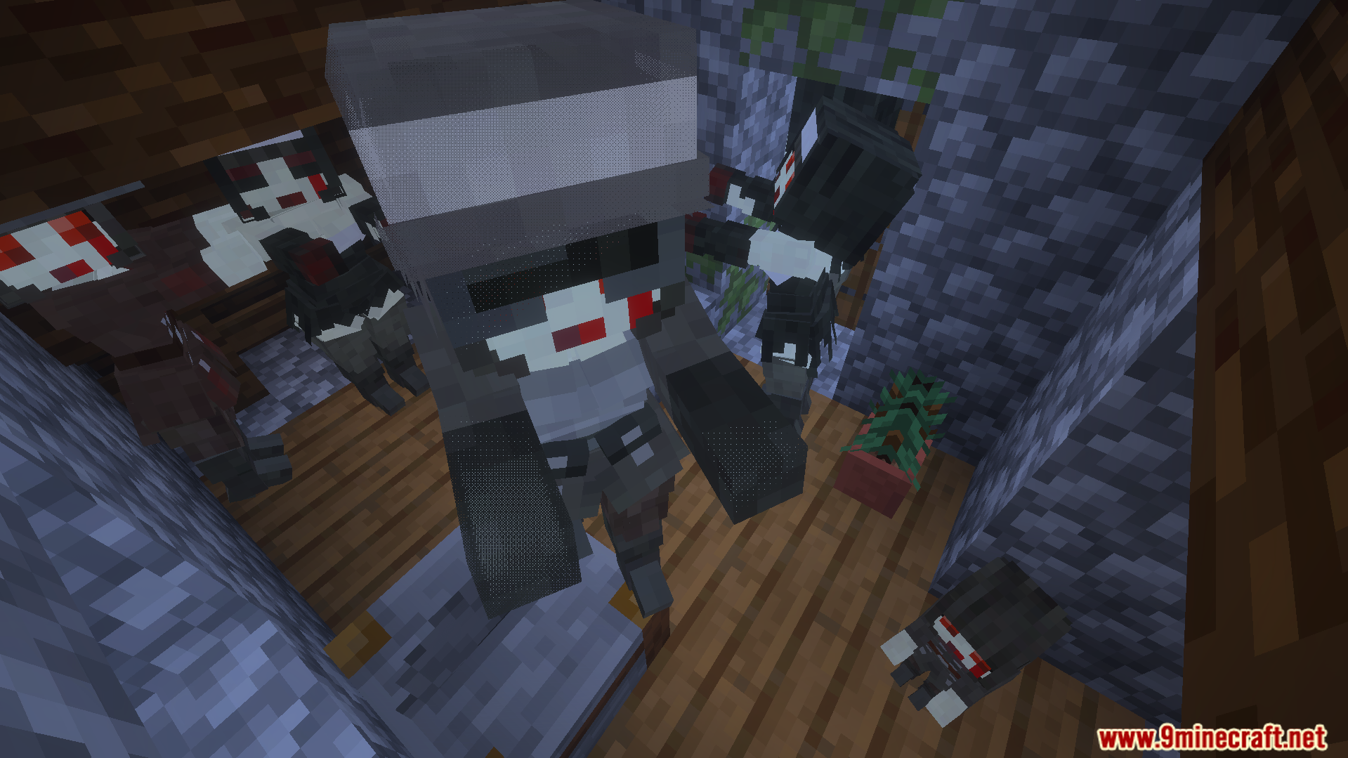 Female zombie characters wearing new custom armor sets inside a cobblestone building