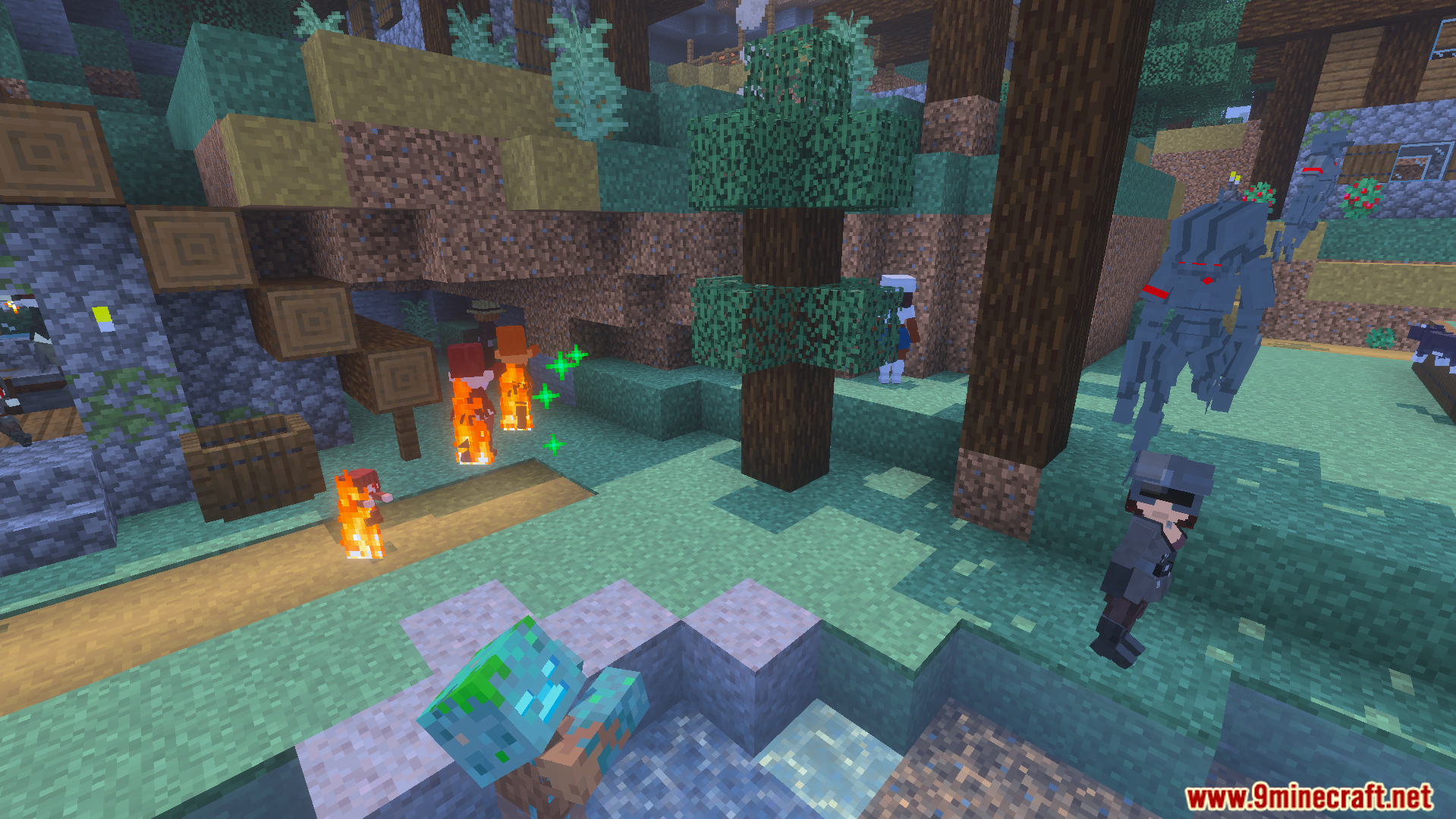 Female characters and armored car ravagers with custom textures in a forest biome