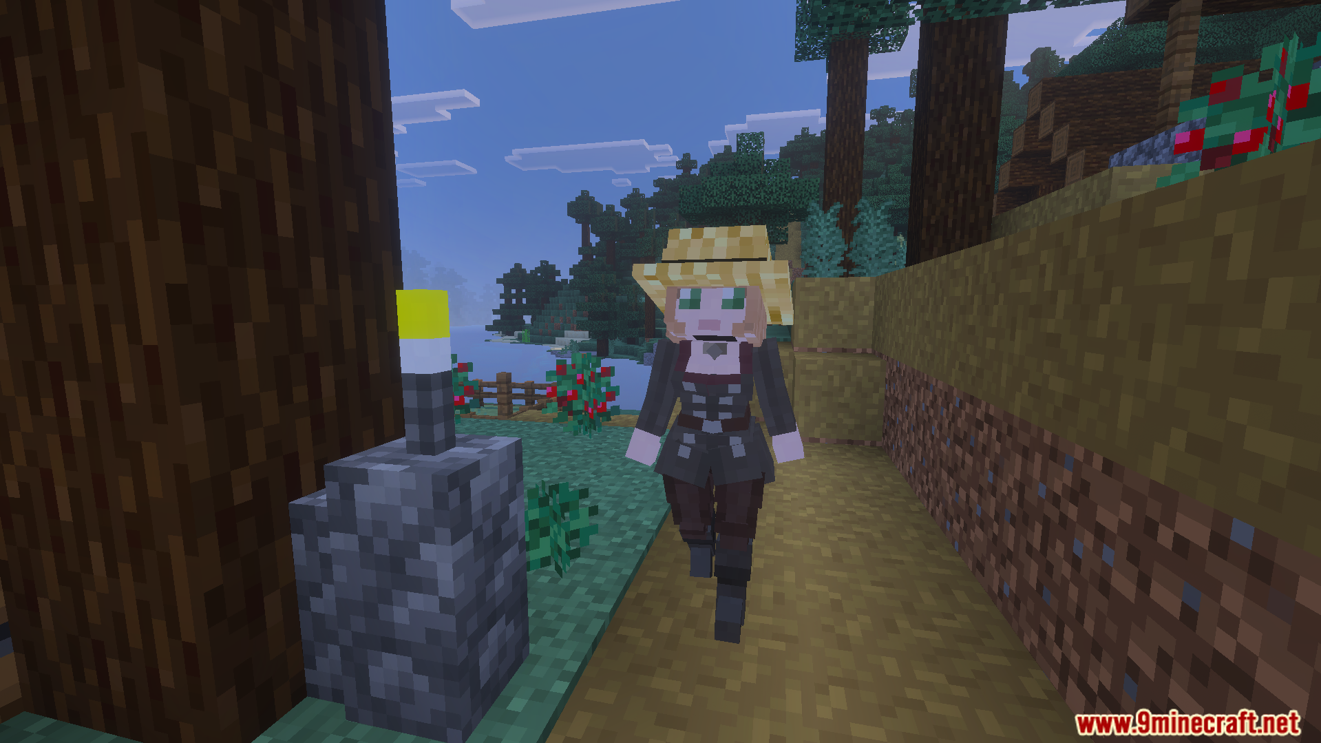 Village Girls Texture Pack shows a female villager walking near a torch