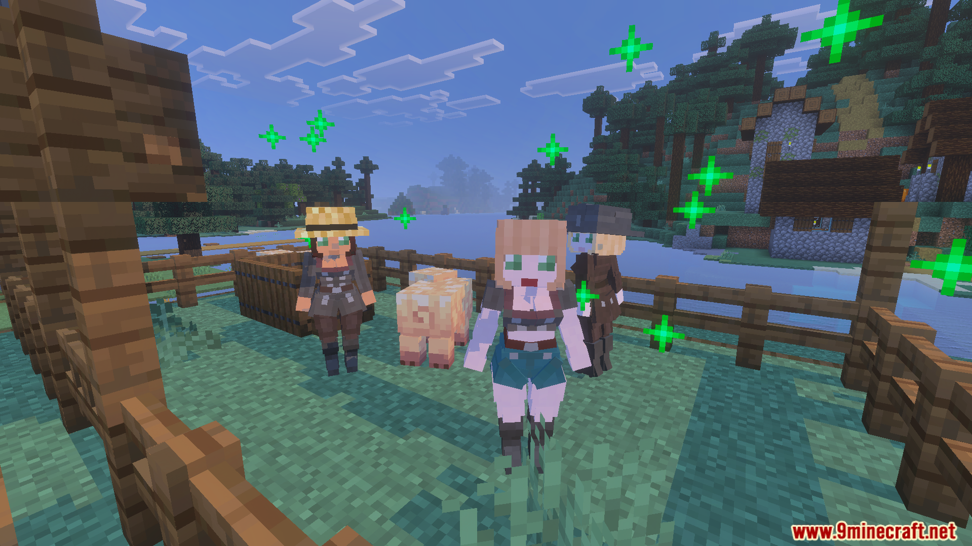 Multiple female villagers stand inside a wooden fence with a pig and particles