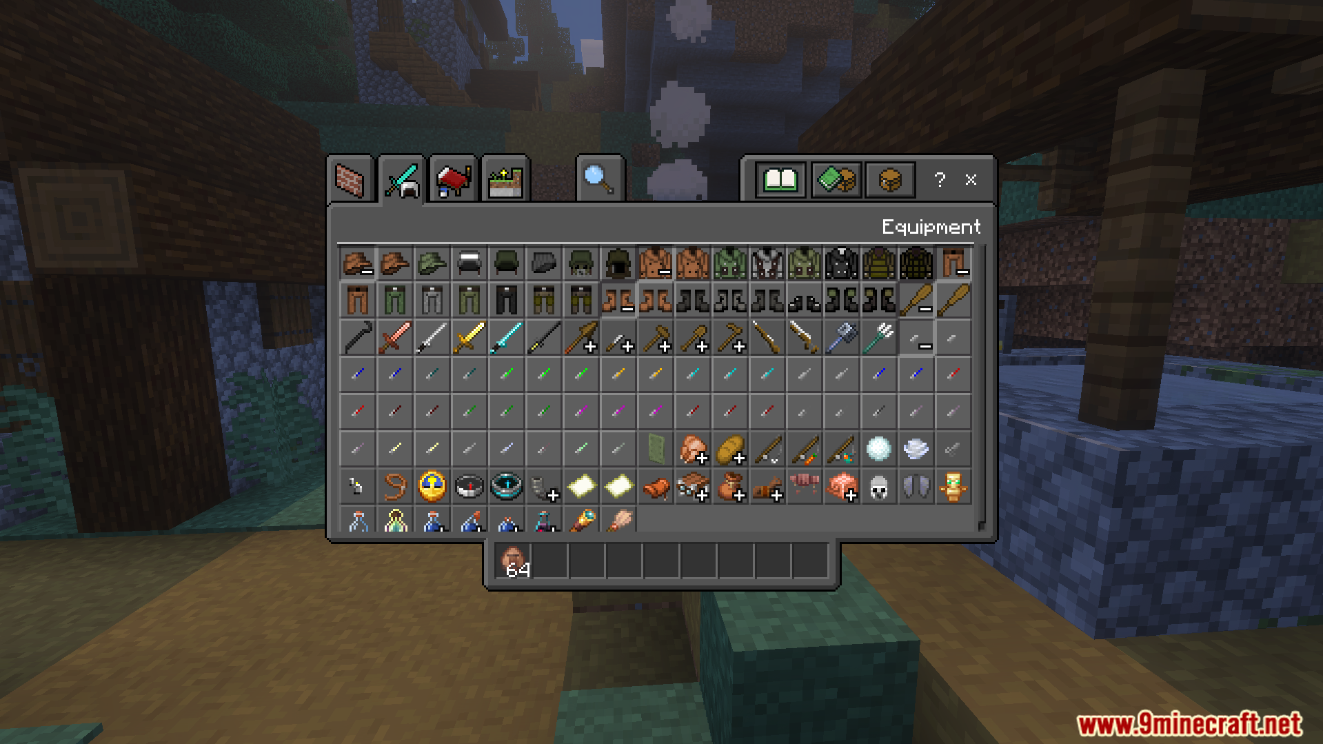 Creative inventory displaying military armor sets and industrial firearms in Minecraft