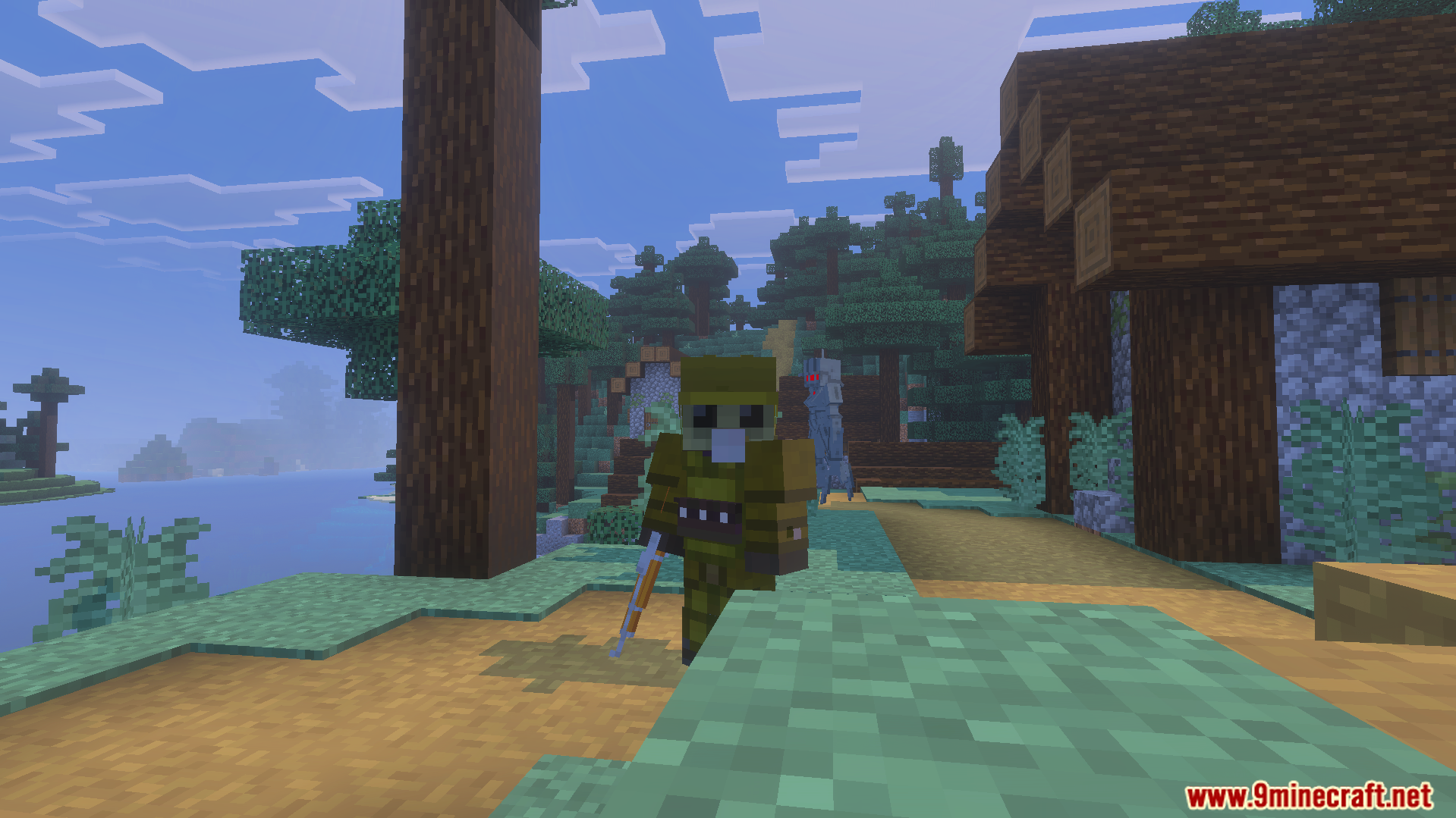 Player character holding a rifle with an armored car in the background